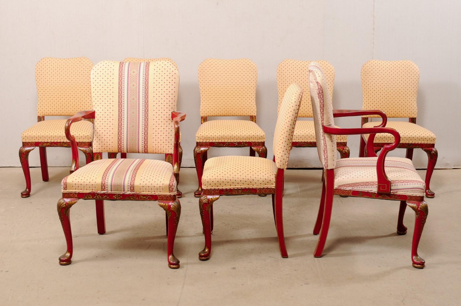 Set of Eight Vintage Dining Chairs with Han Painted Chinoiserie in Red and Gold For Sale 3