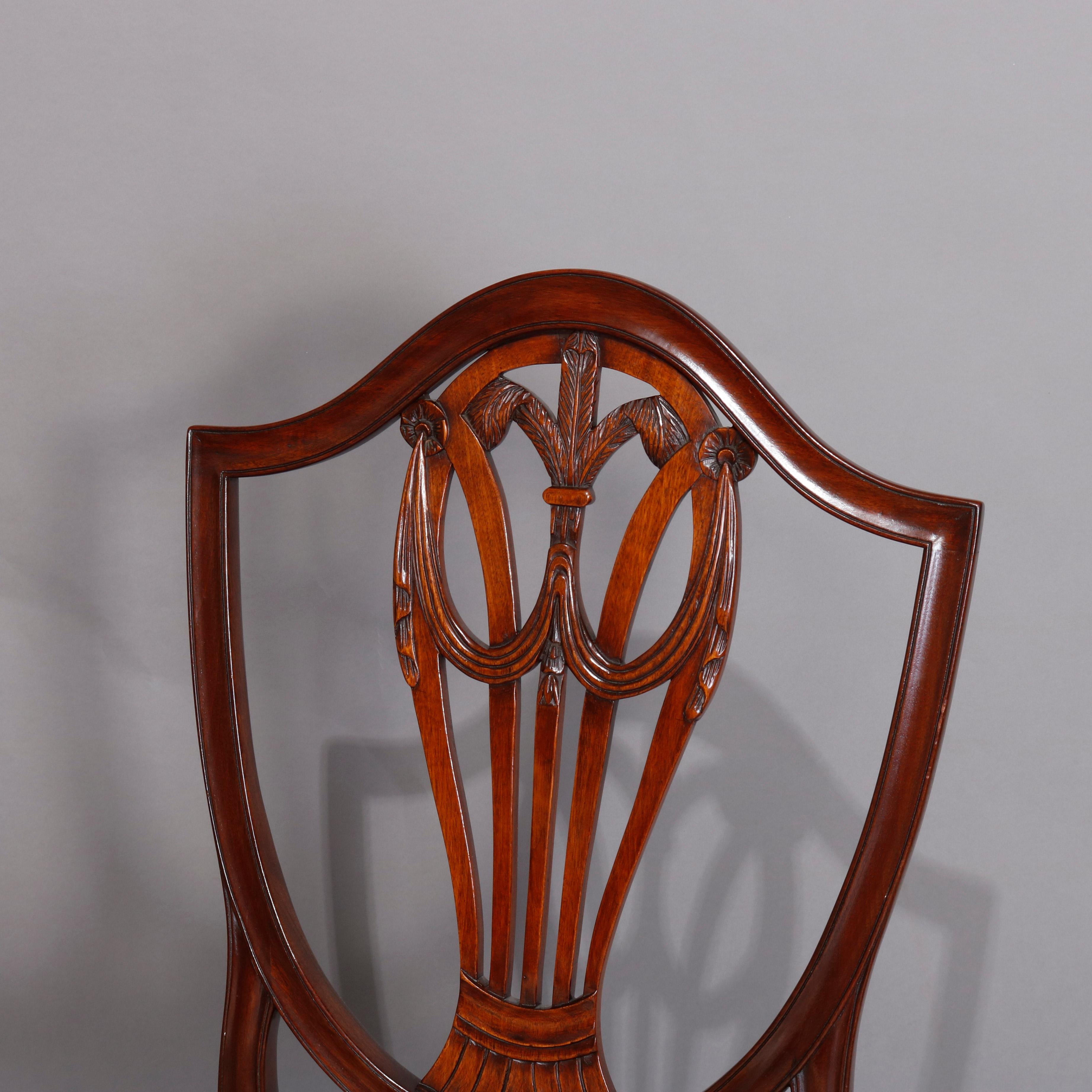 Set of Eight Vintage English Mahogany Shield Back Dining Chairs, circa 1930 4