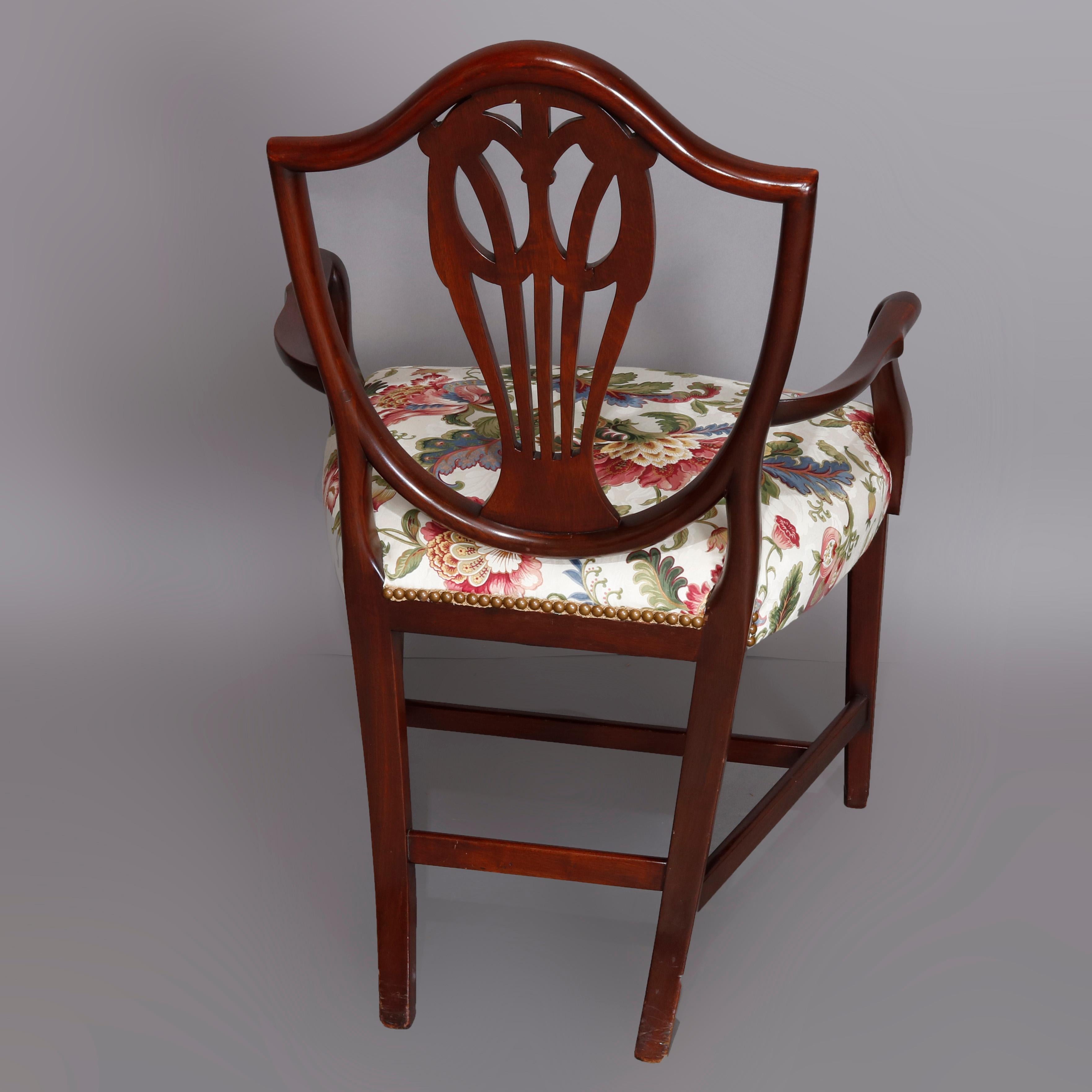 Carved Set of Eight Vintage English Mahogany Shield Back Dining Chairs, circa 1930