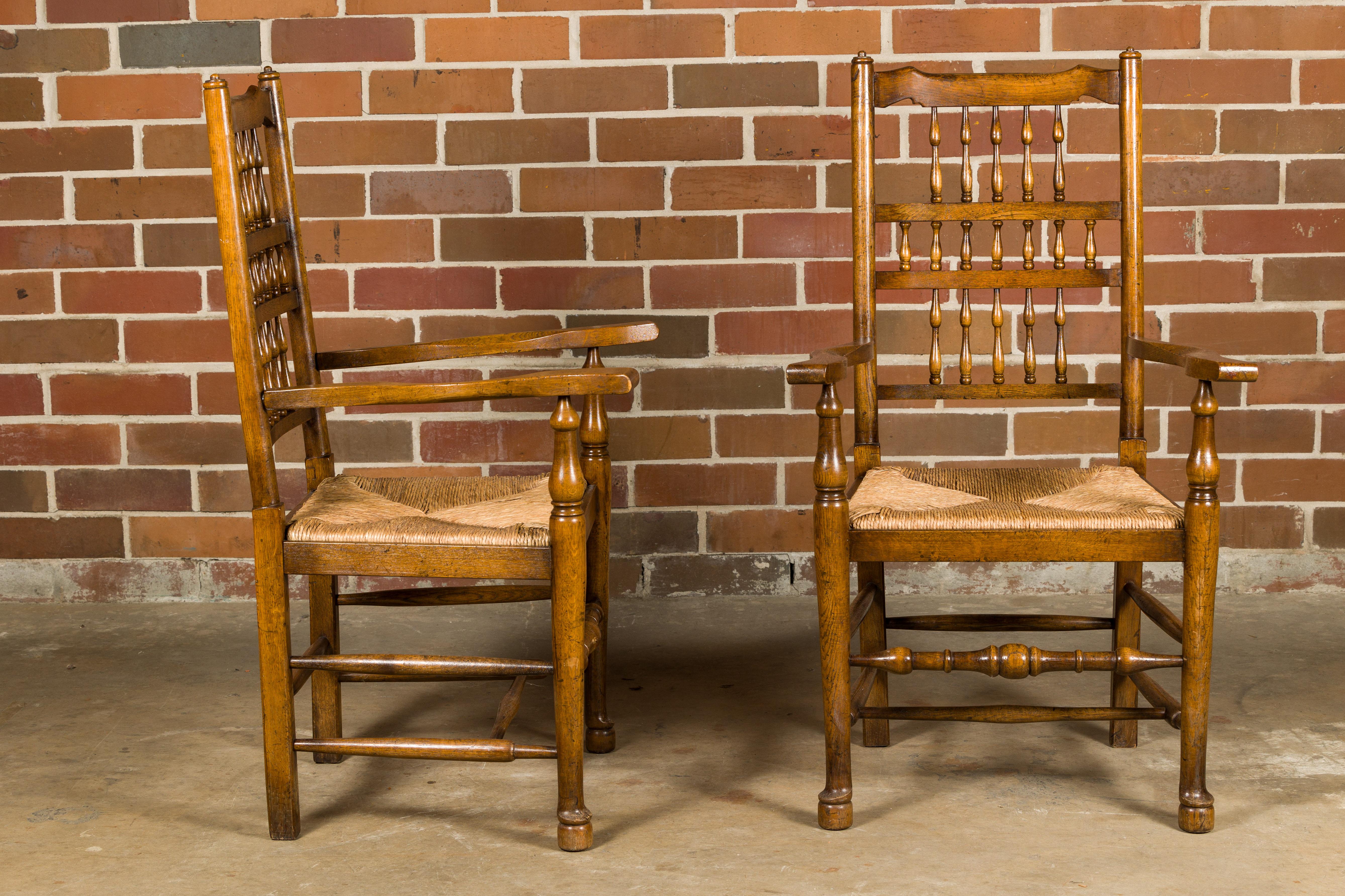 Set of Eight Vintage English Oak Dining Room Chairs with Rush Seats For Sale 4