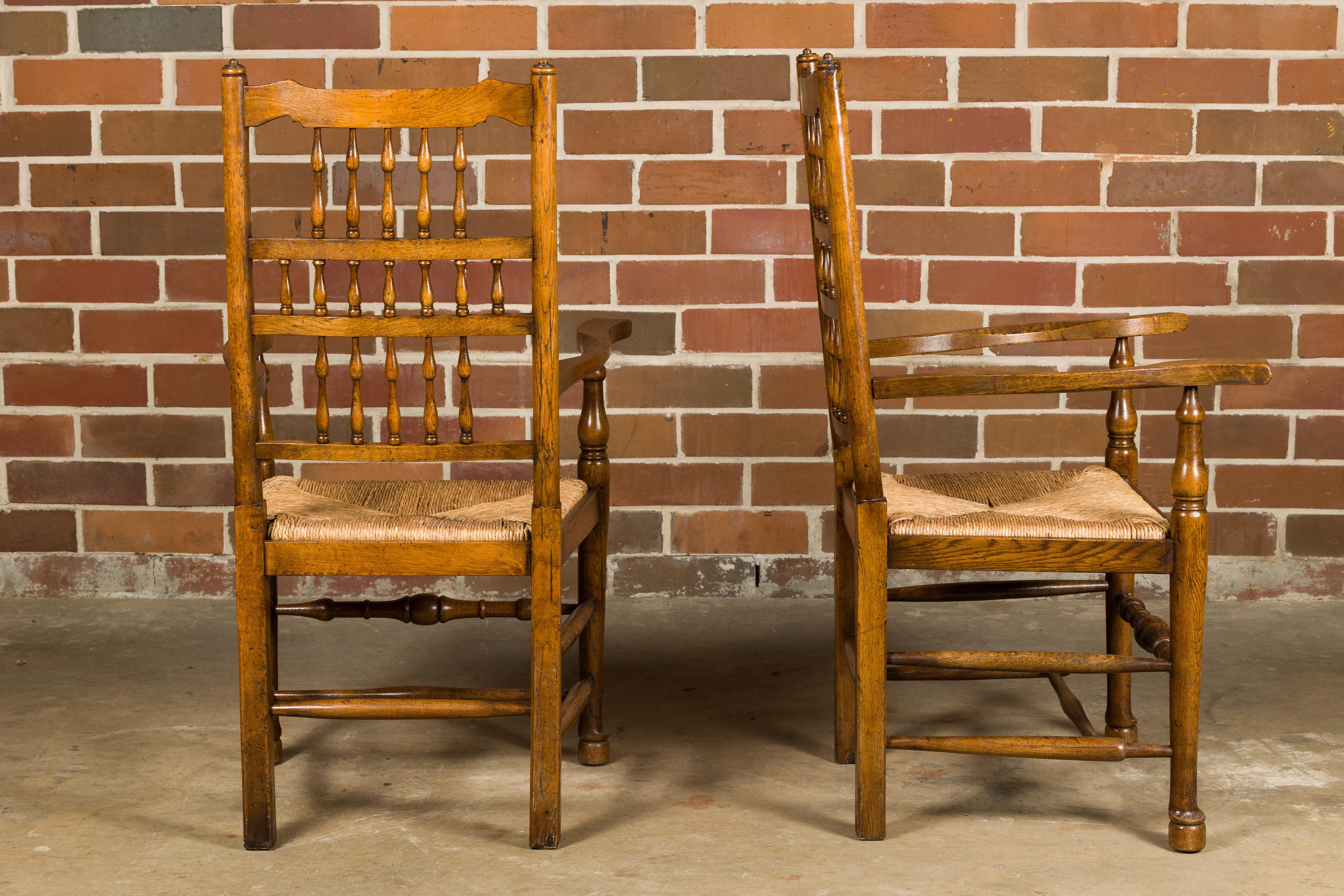 Set of Eight Vintage English Oak Dining Room Chairs with Rush Seats For Sale 5