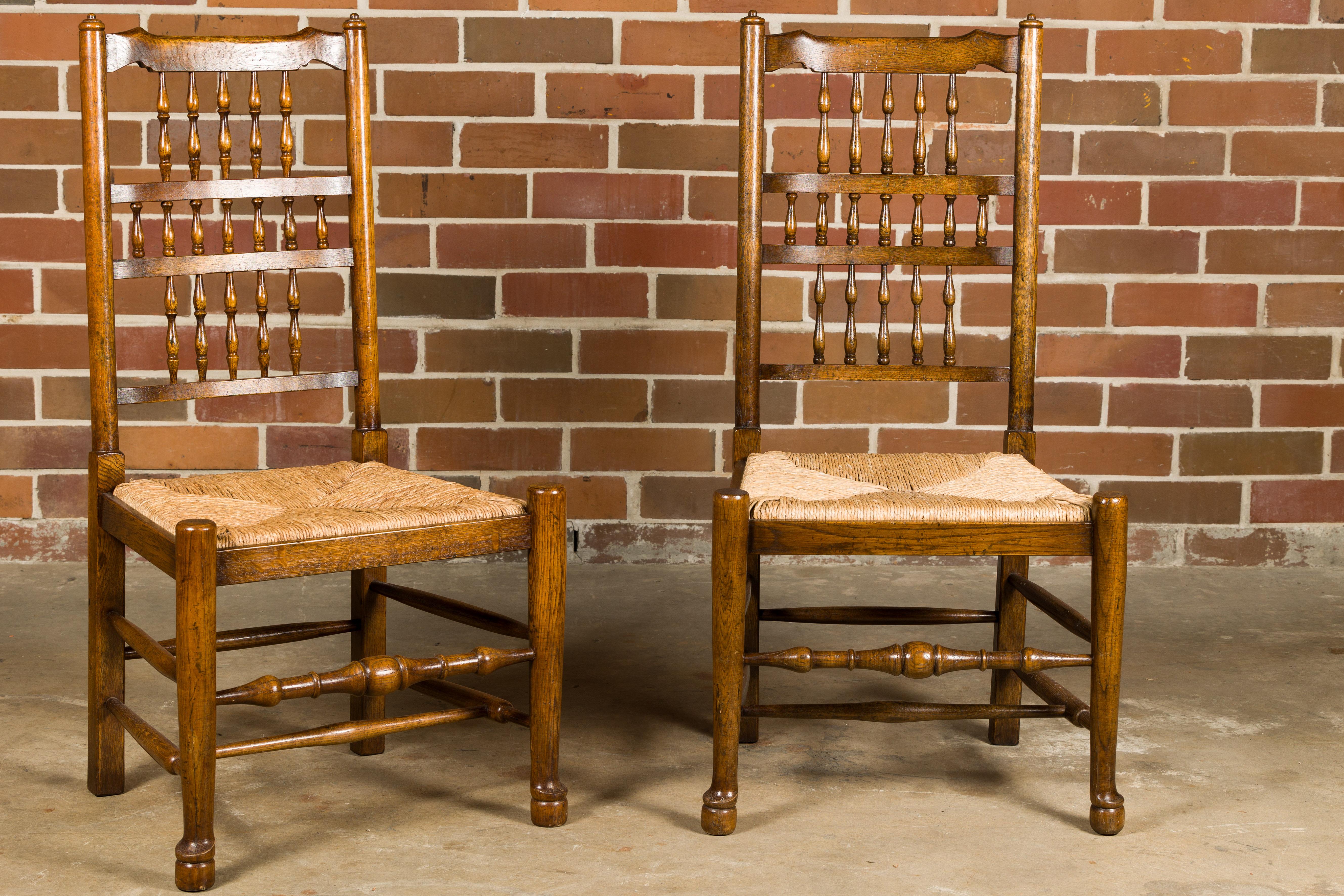 Set of Eight Vintage English Oak Dining Room Chairs with Rush Seats For Sale 8