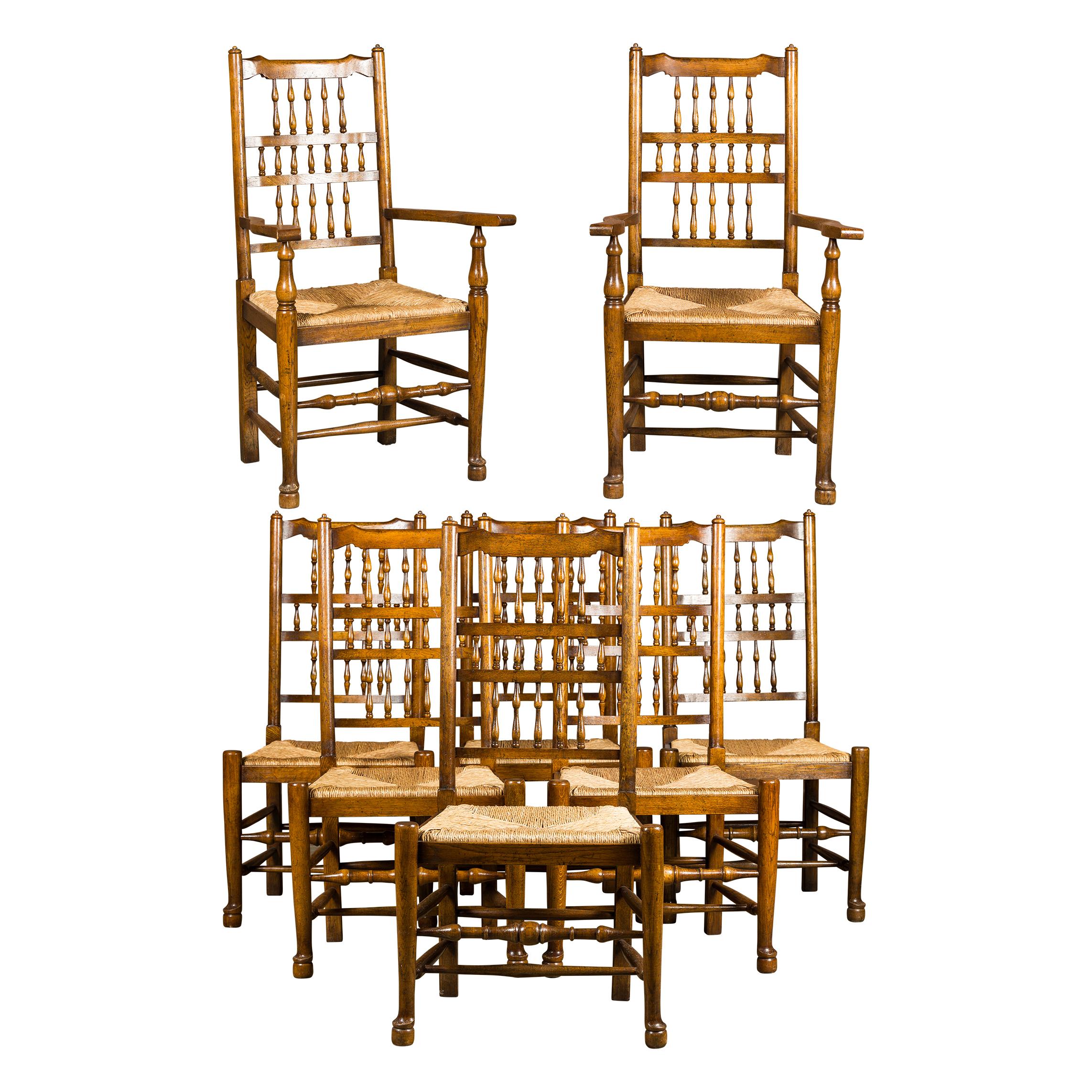Set of Eight Vintage English Oak Dining Room Chairs with Rush Seats For Sale 12