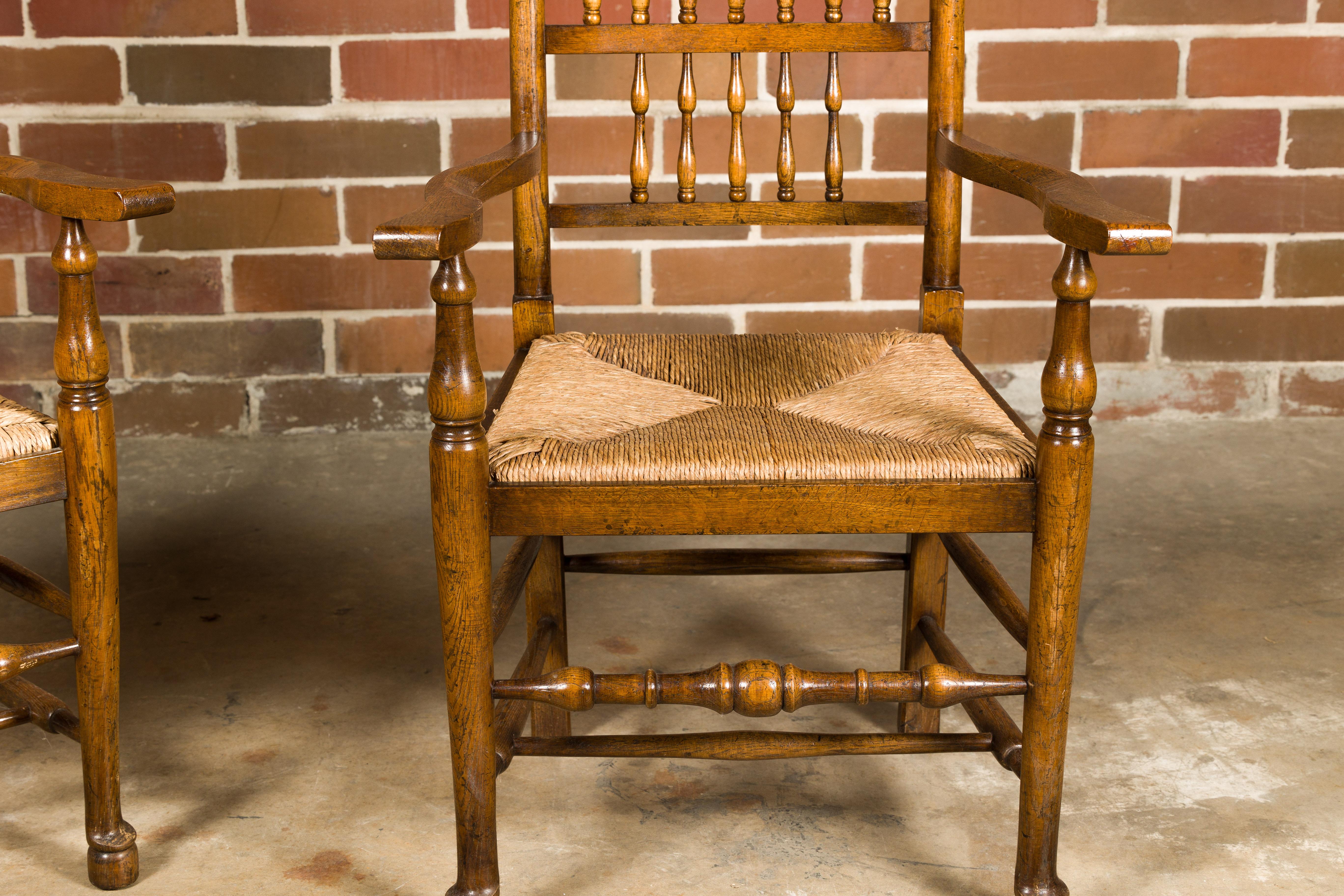 Rustic Set of Eight Vintage English Oak Dining Room Chairs with Rush Seats For Sale