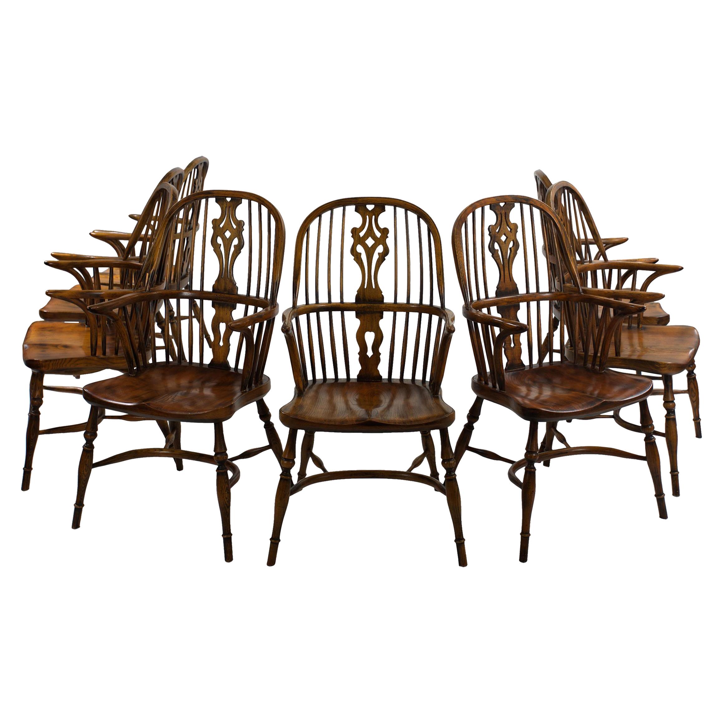 Set of Eight Vintage English Windsor Style Dining Arm Chairs, 20th Century