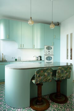 Set of Eight Vintage Flowers and Wood Swivel Bar Stools, Germany, 1960s