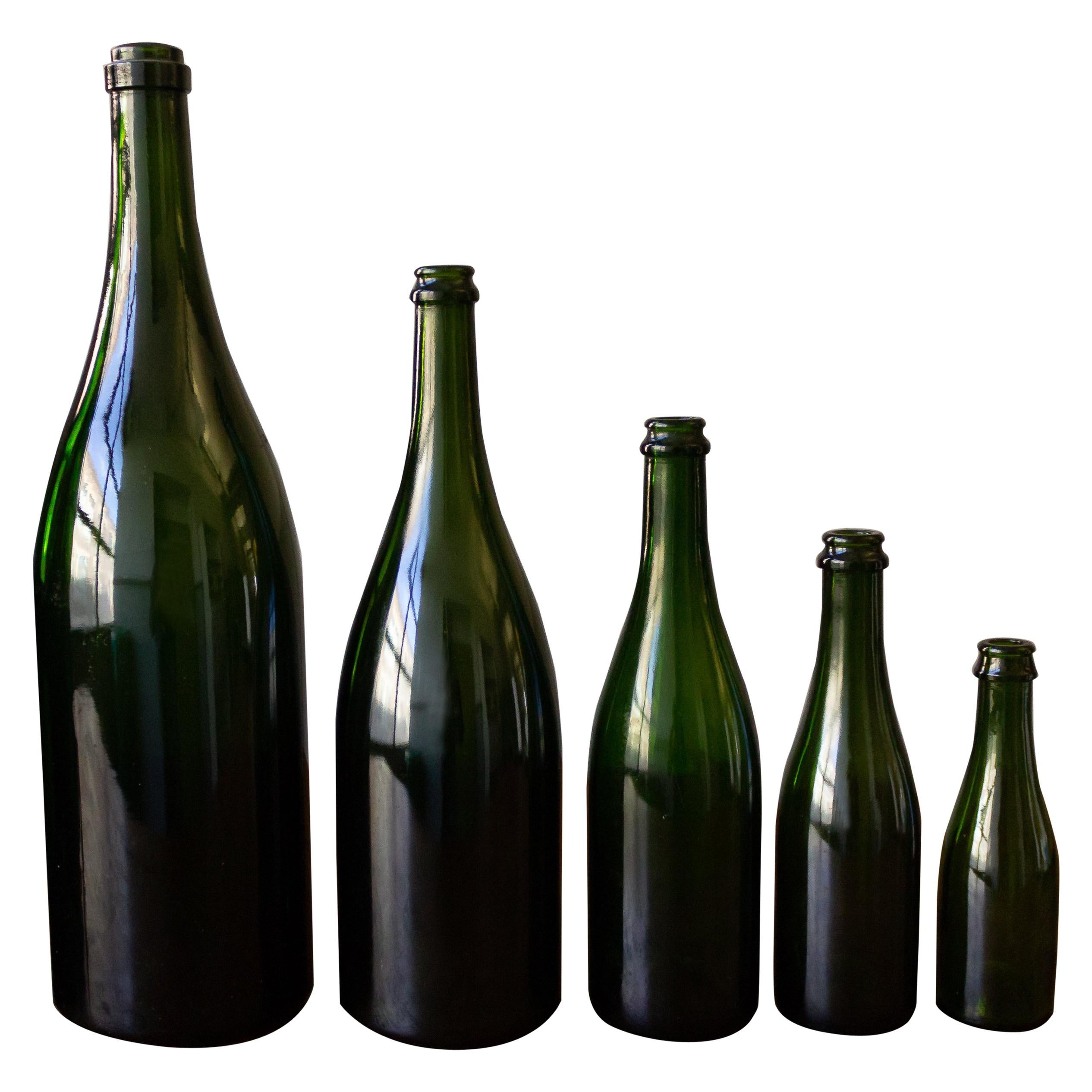 This set of eight vintage French champagne bottles from the 1920s offers a unique charm. Their sizes vary, ranging from 7.5