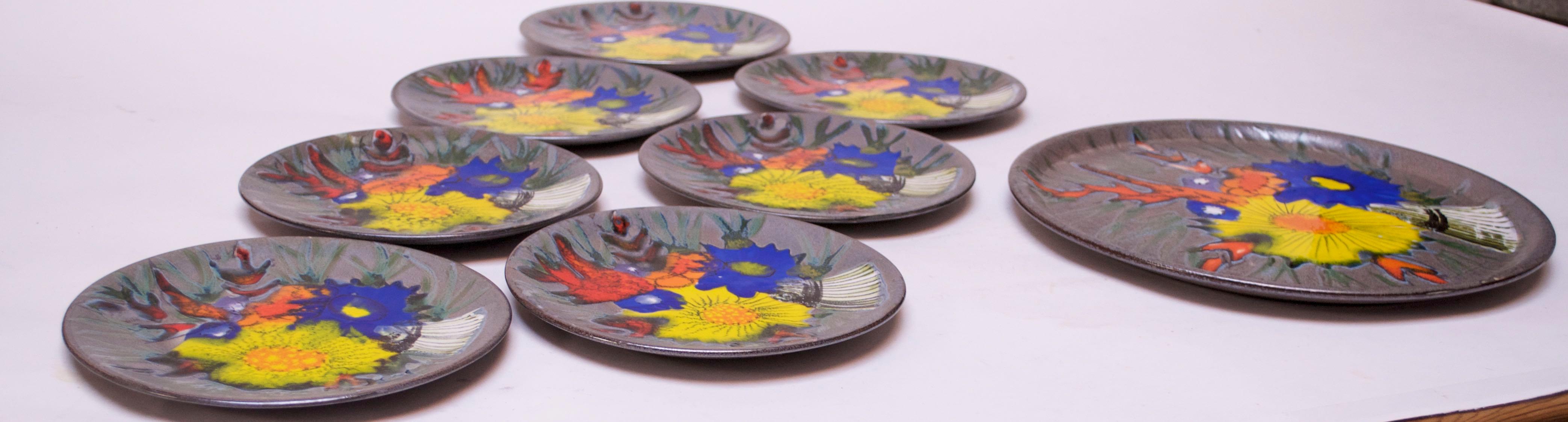 Mid-20th Century Set of Eight Vintage French Porcelain Enamel 'Floral' Cake Plates For Sale