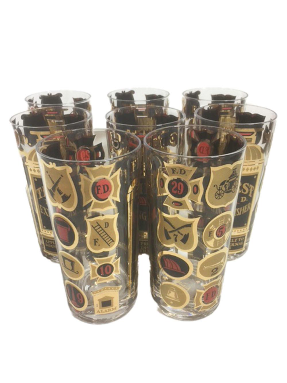 Designed by Georges Briard and decorated with 22k gold in gloss and satin finish combined with black and red enamel, The Thirst extinguisher pattern has a large central fire extinguisher with the front plaque saying 