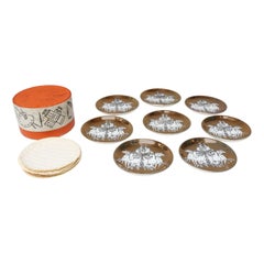 Set of Eight Vintage Gilded Roman Chariot Coasters by Piero Fornasetti with Box