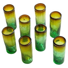 Set of Eight Vintage Handmande Murano Liqueur Glassess in Green/Yellow Glass