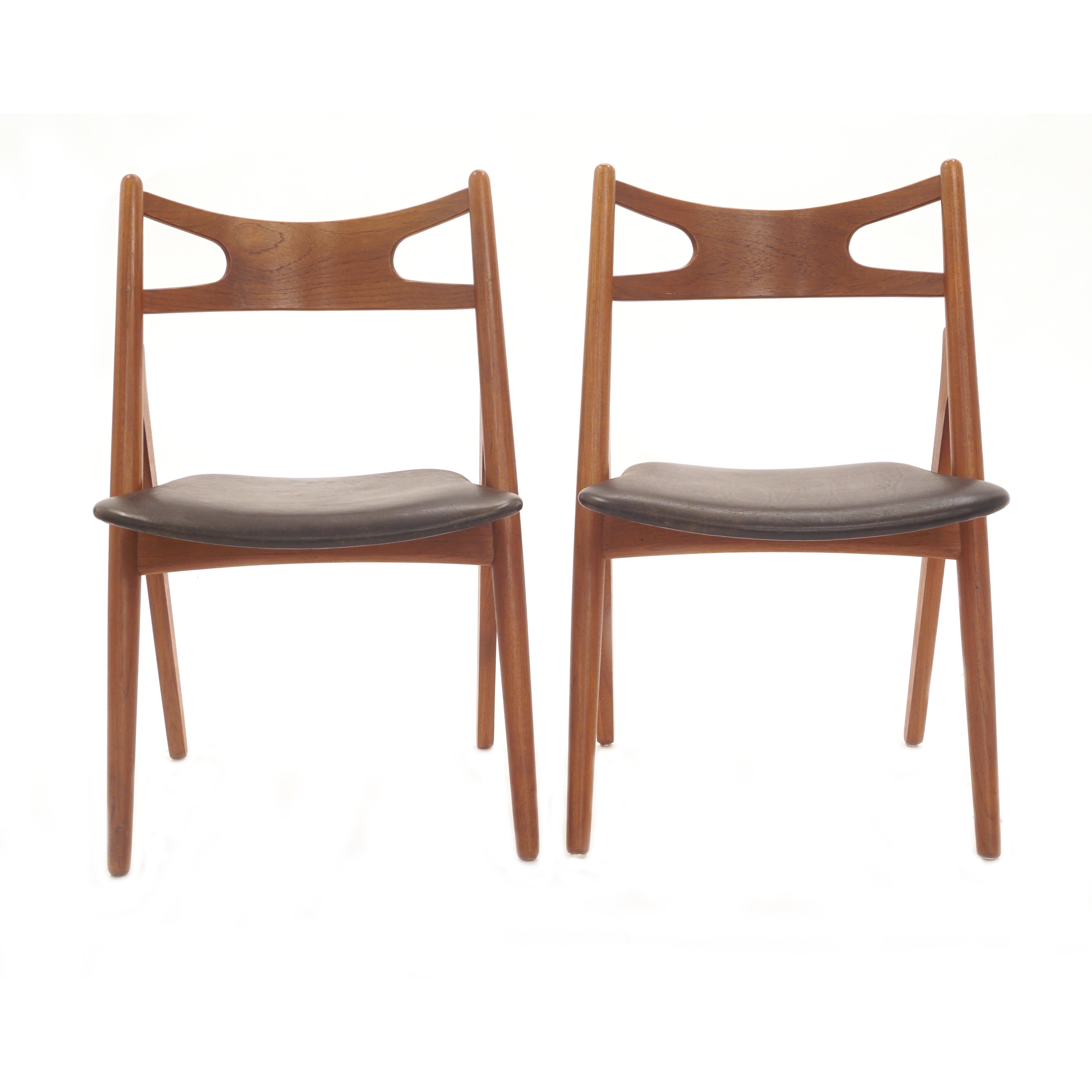 Danish Set of Eight Vintage Hans J Wegner CH29 Teak Sawhorse Chairs with Leather Seats
