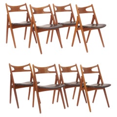 Set of Eight Vintage Hans J Wegner CH29 Teak Sawhorse Chairs with Leather Seats