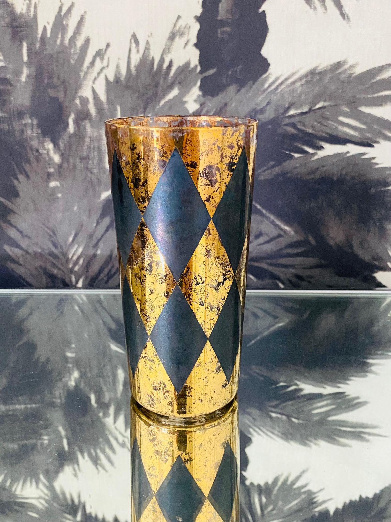 Blown Glass Set of Eight Harlequin Black and Gold Leaf Diamond Highball Glasses, circa 1960s For Sale