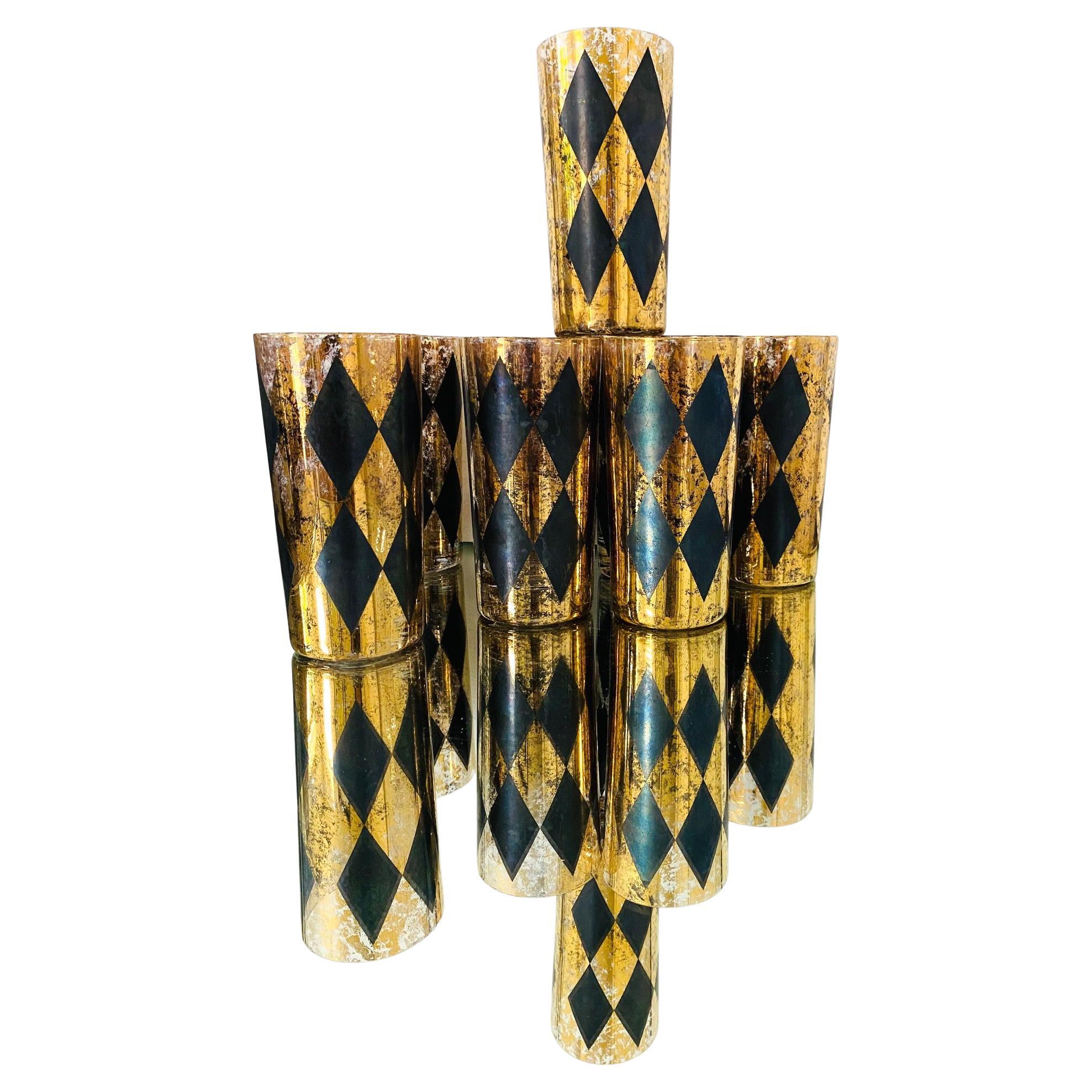 Set of Eight Harlequin Black and Gold Leaf Diamond Highball Glasses, circa 1960s For Sale 2