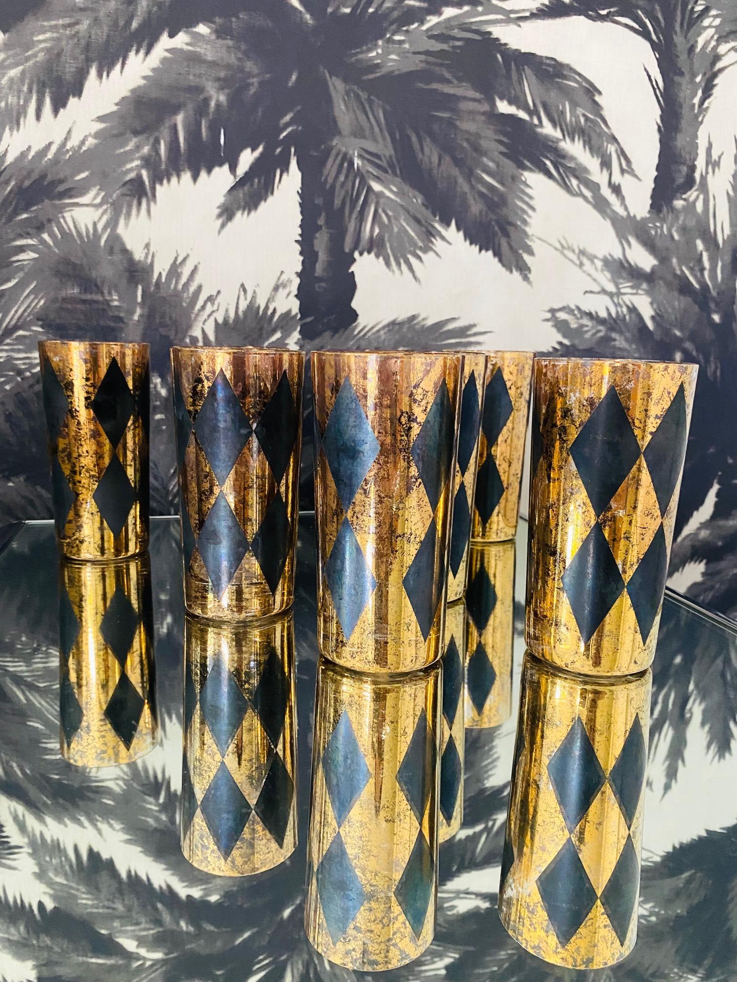 Mid-Century Modern Ensemble de huit verres Highball Harlequin à diamant en noir et feuille d'or, vers les années 1960 en vente