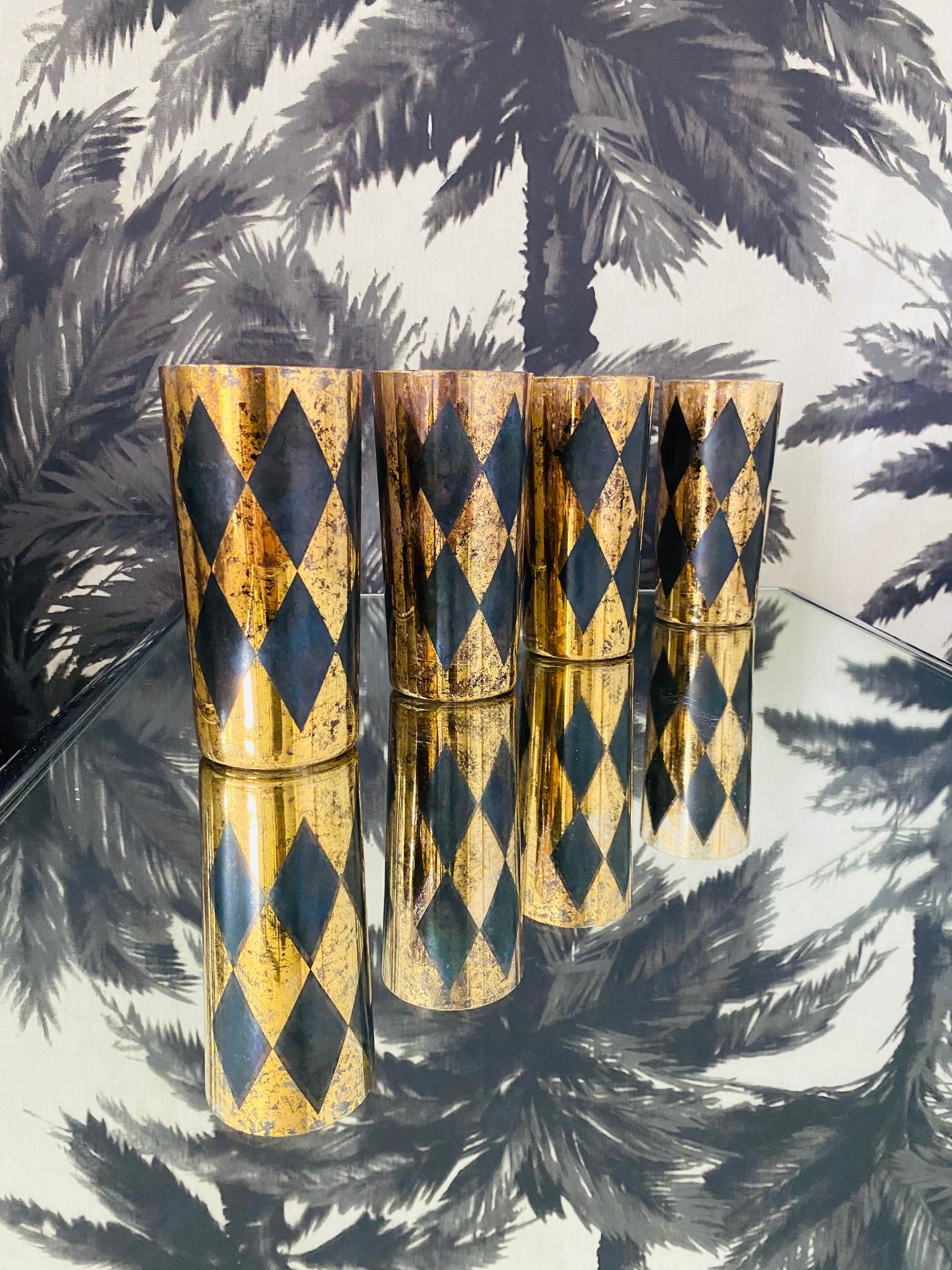 American Set of Eight Harlequin Black and Gold Leaf Diamond Highball Glasses, circa 1960s For Sale