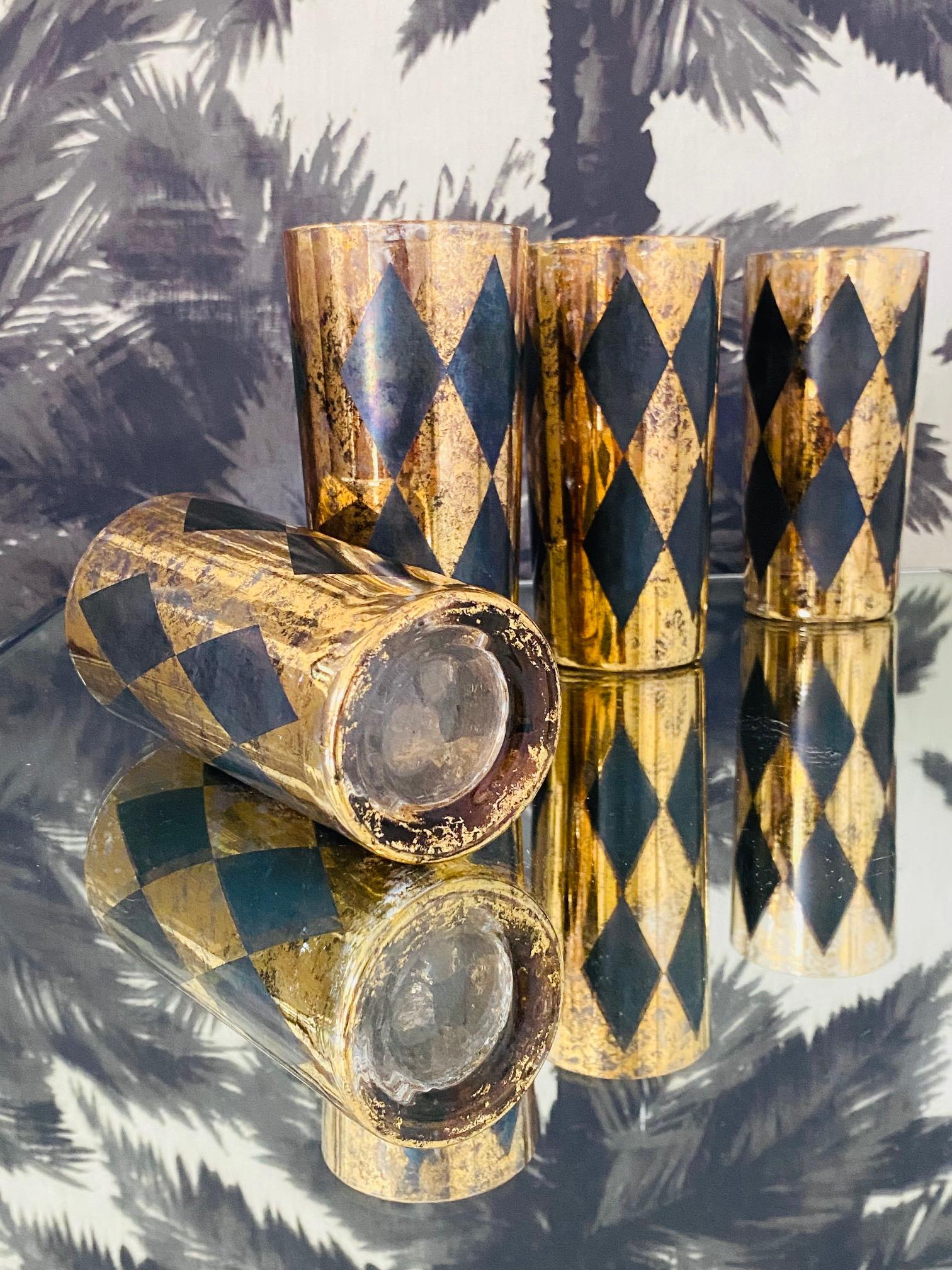 Set of Eight Harlequin Black and Gold Leaf Diamond Highball Glasses, circa 1960s In Good Condition For Sale In Fort Lauderdale, FL