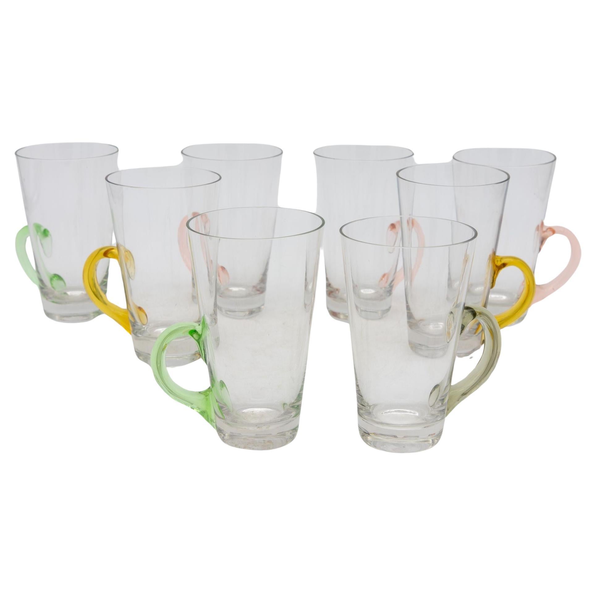 Set of Eight Vintage Hot Toddy Glasses with Colorful Handles For Sale