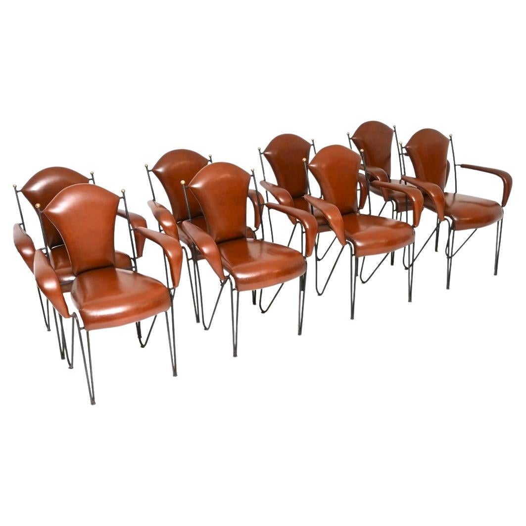 Set of Eight Vintage Leather and Steel Dining Chairs by Frederic Weinberg