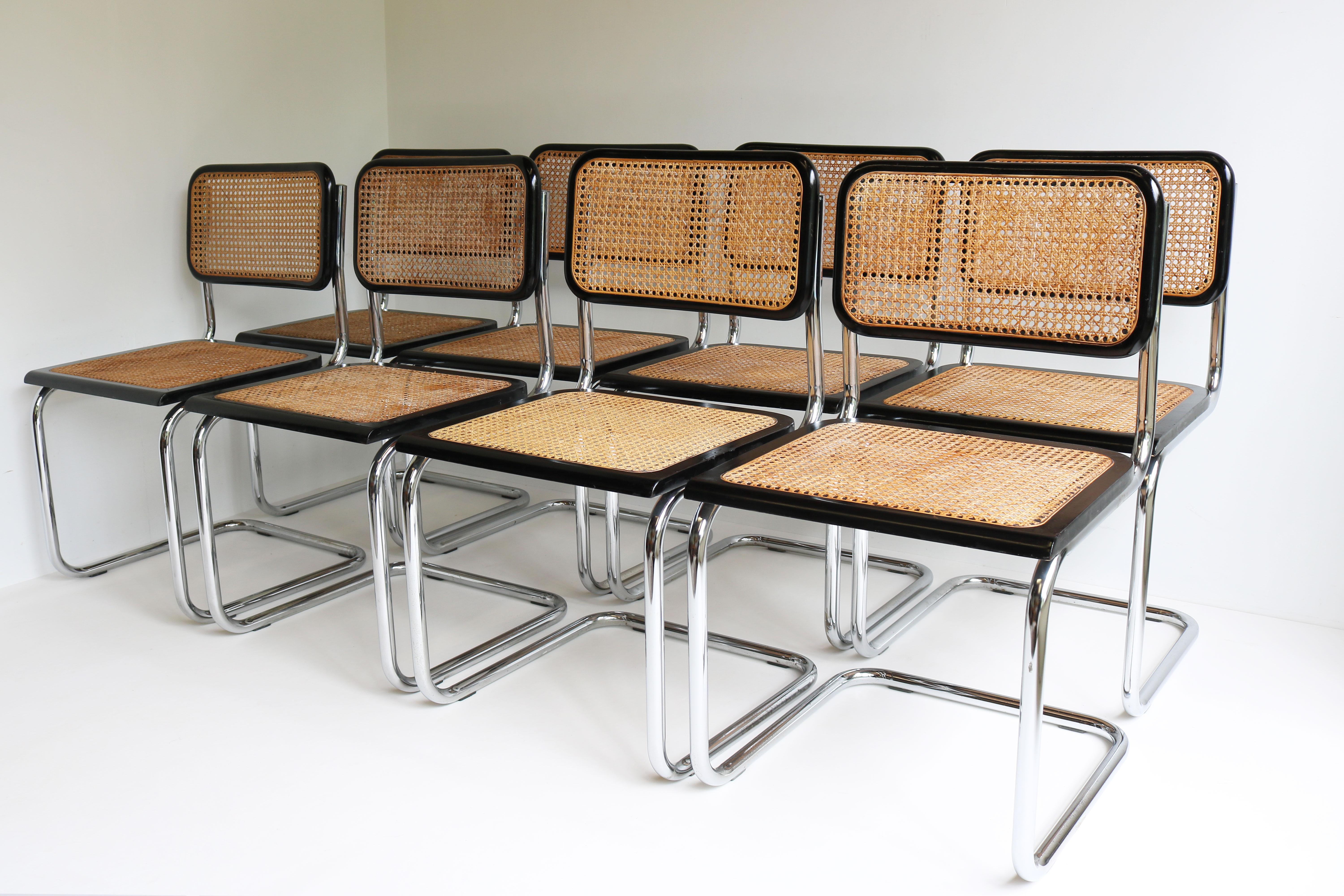 Italian Set of eight Vintage Marcel Breuer B32 “Cesca” Design Chairs Italy Chrome Black