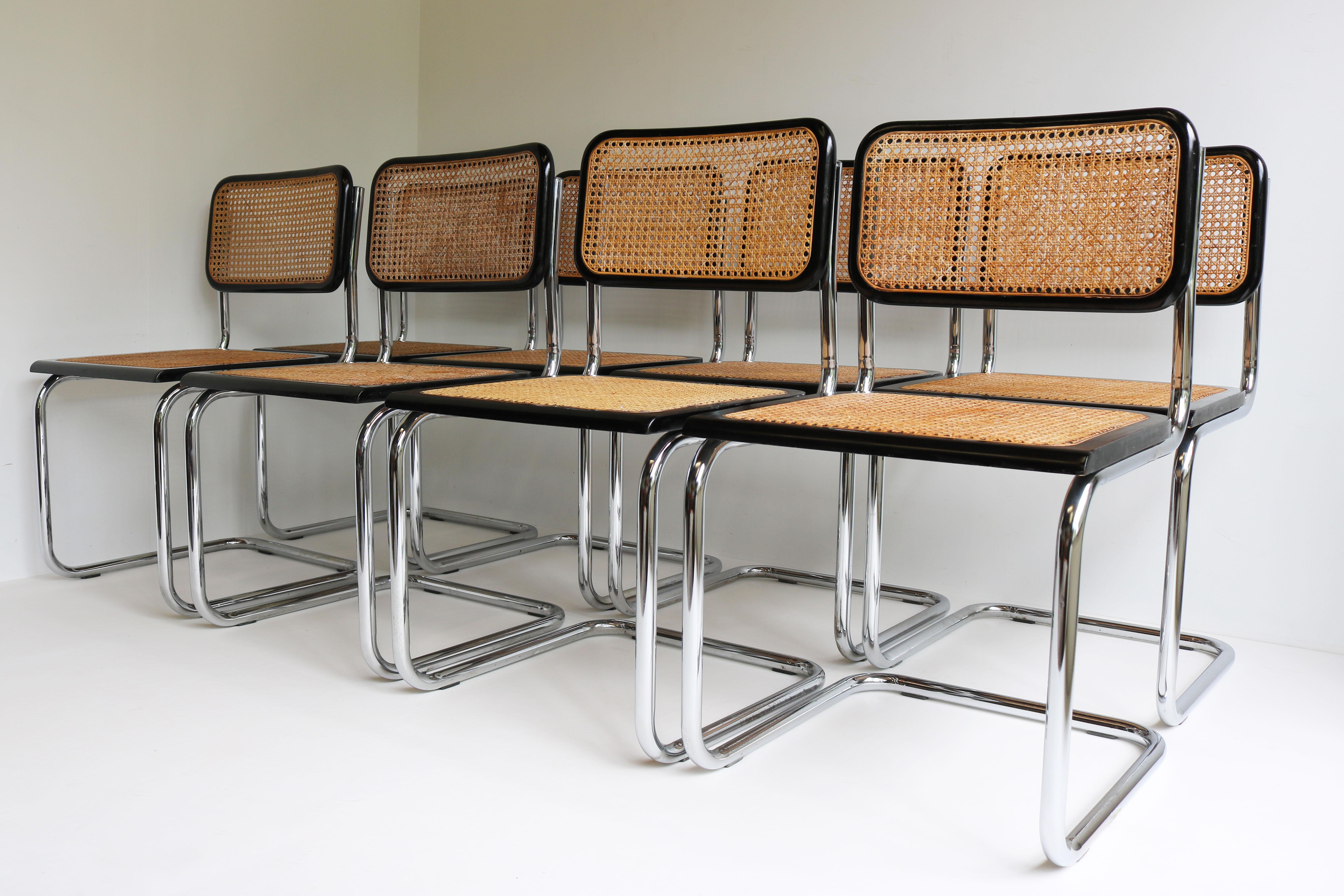 Cane Set of eight Vintage Marcel Breuer B32 “Cesca” Design Chairs Italy Chrome Black