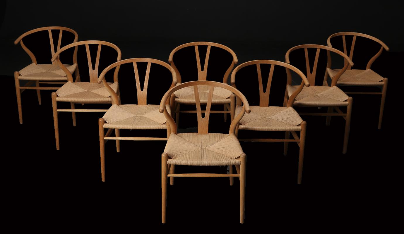 20th Century Set of Eight Vintage Oak and Papercord CH24 or Wishbone Chairs by Hans J Wegner