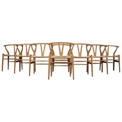 Set of Eight Vintage Oak and Papercord CH24 or Wishbone Chairs by Hans J Wegner
