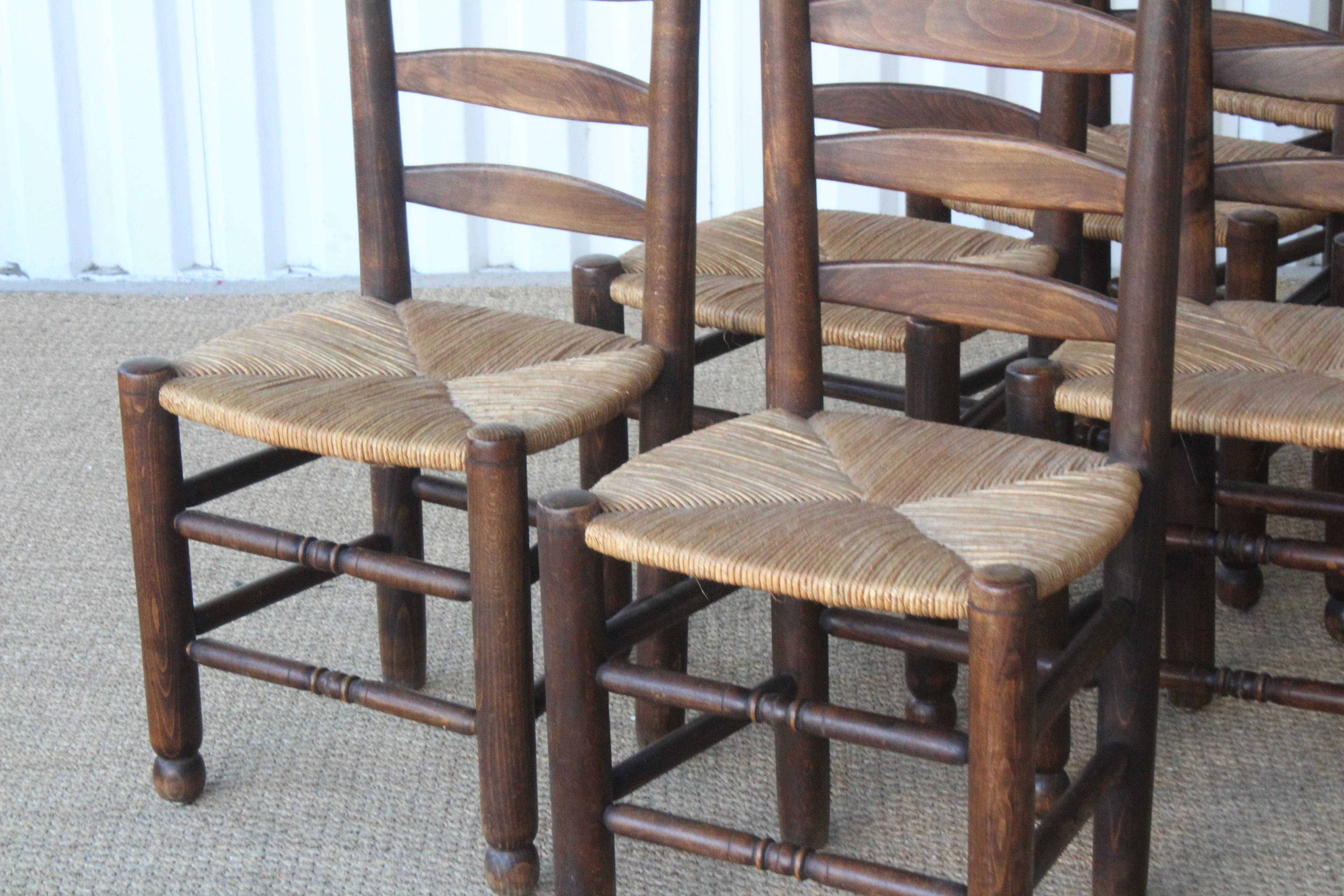 Set of Eight Vintage Oak and Rush Dining Chairs, France, 1960s 3