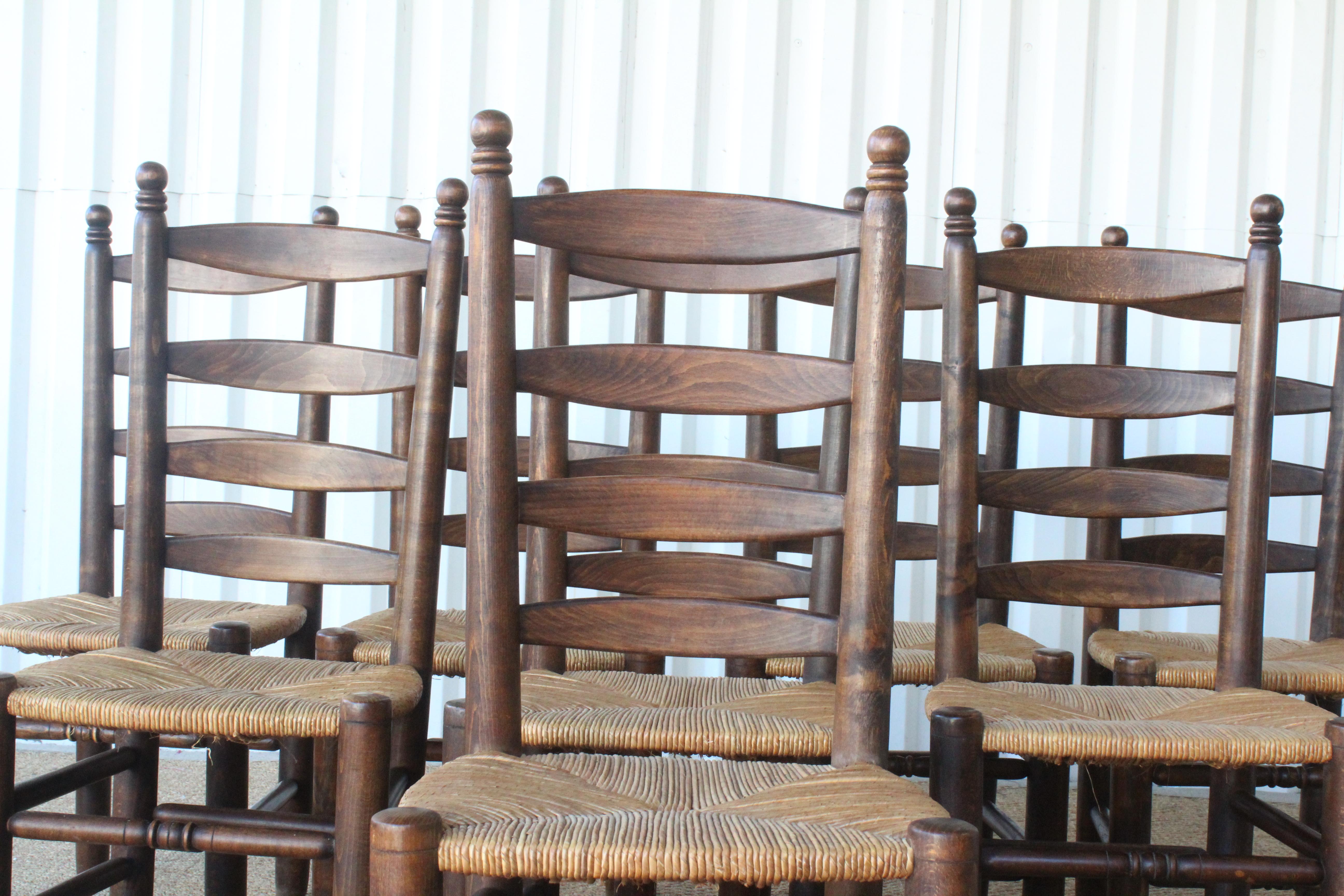 Set of Eight Vintage Oak and Rush Dining Chairs, France, 1960s 4