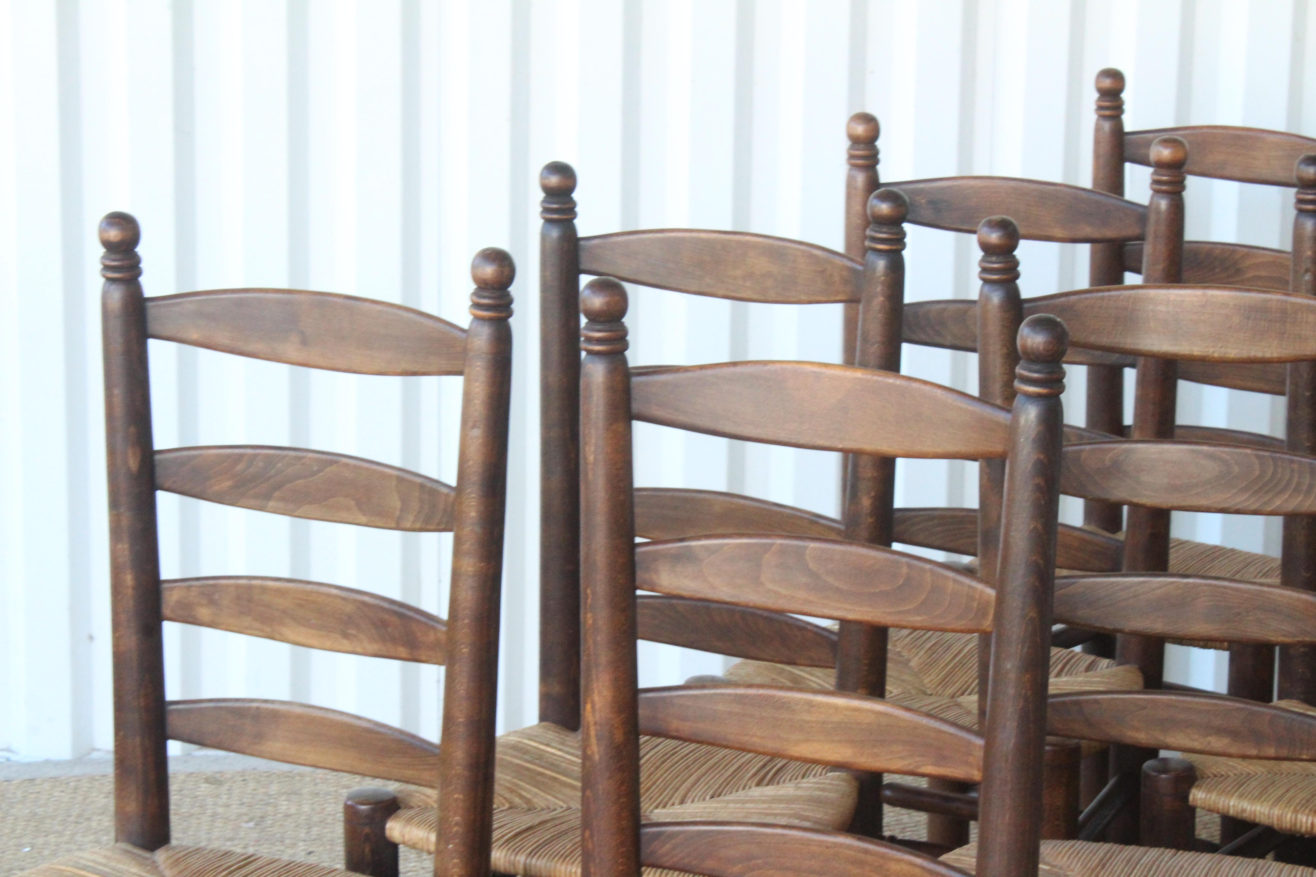 Set of Eight Vintage Oak and Rush Dining Chairs, France, 1960s 5