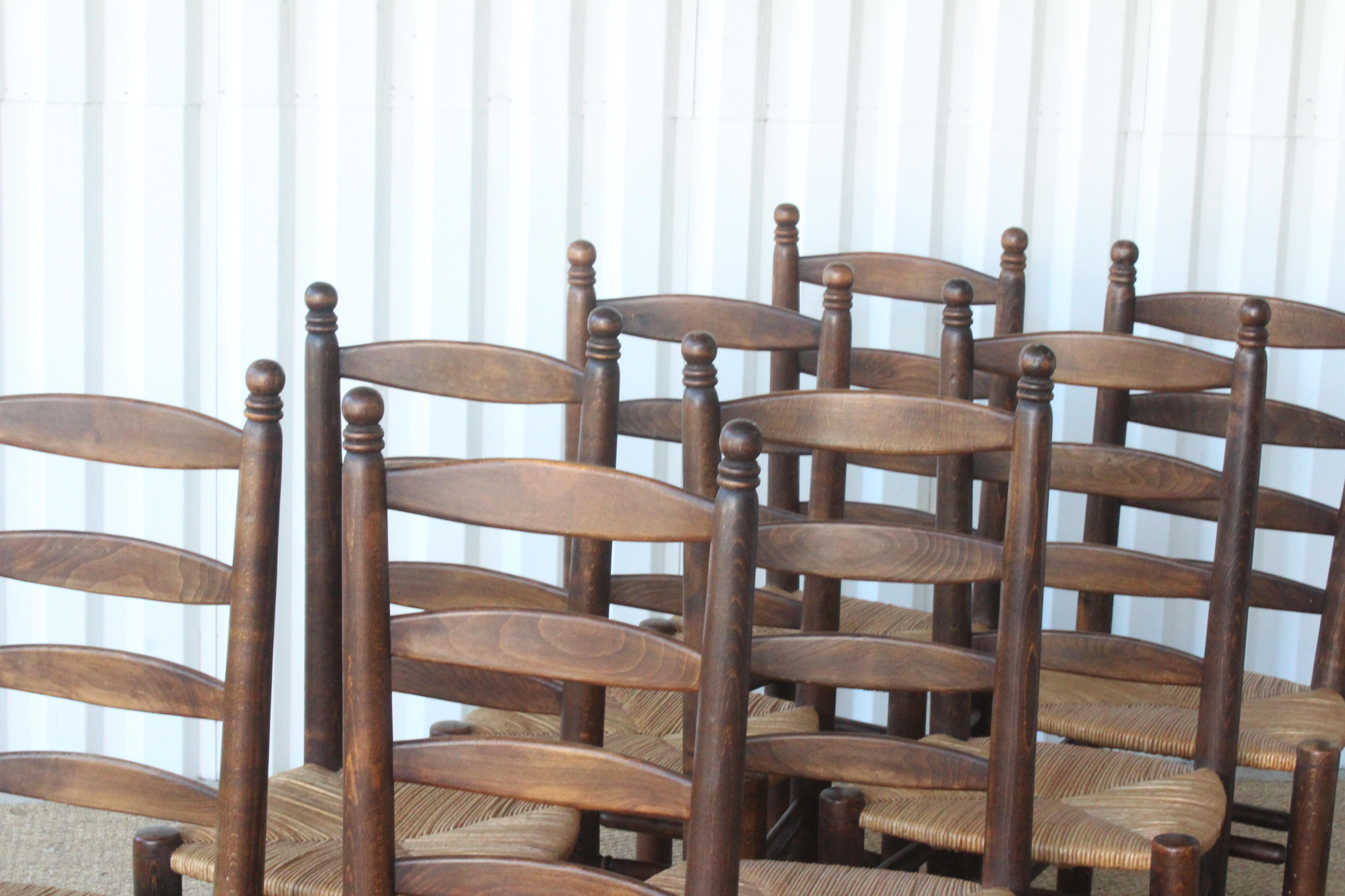 Set of Eight Vintage Oak and Rush Dining Chairs, France, 1960s 6