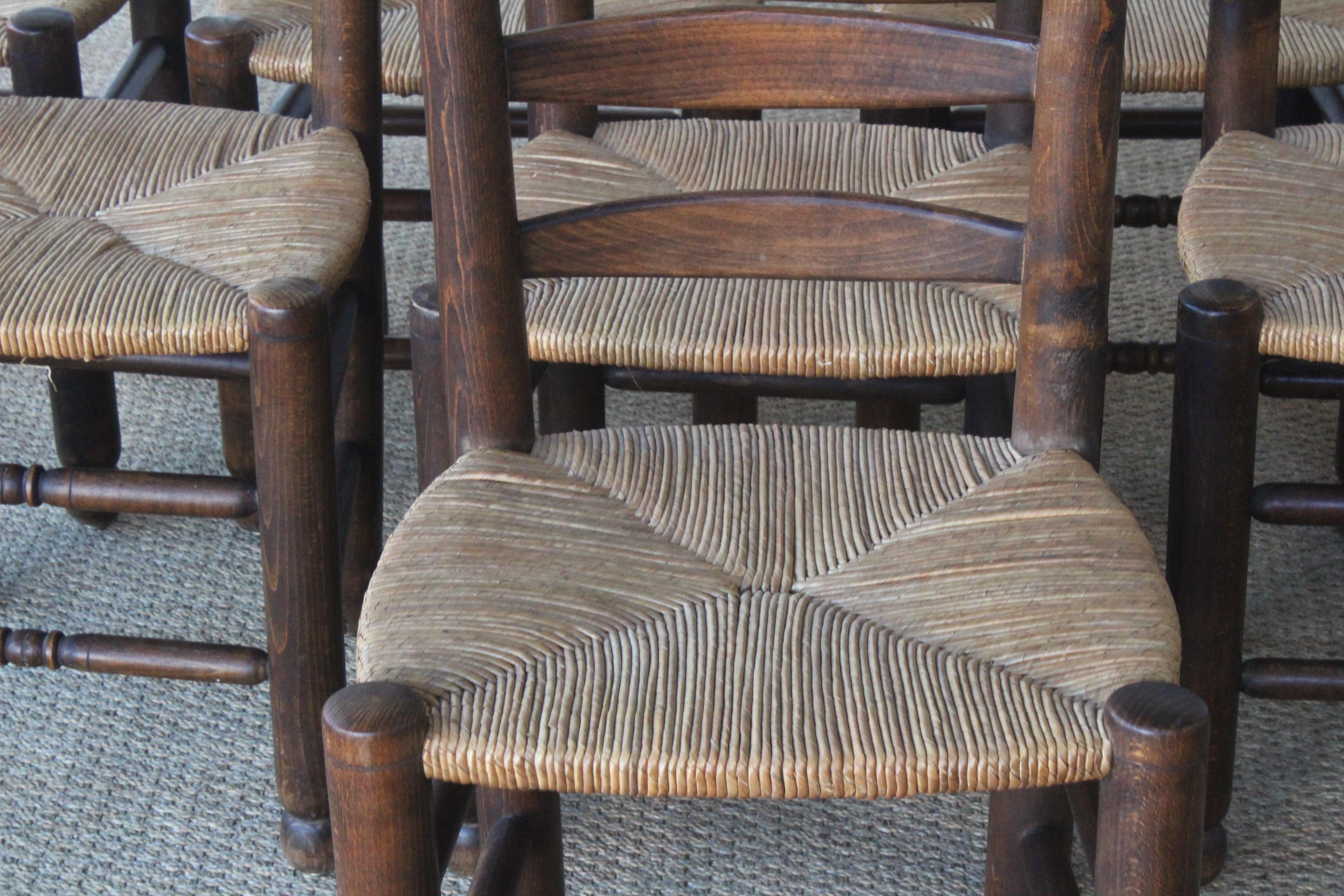 Set of Eight Vintage Oak and Rush Dining Chairs, France, 1960s 7