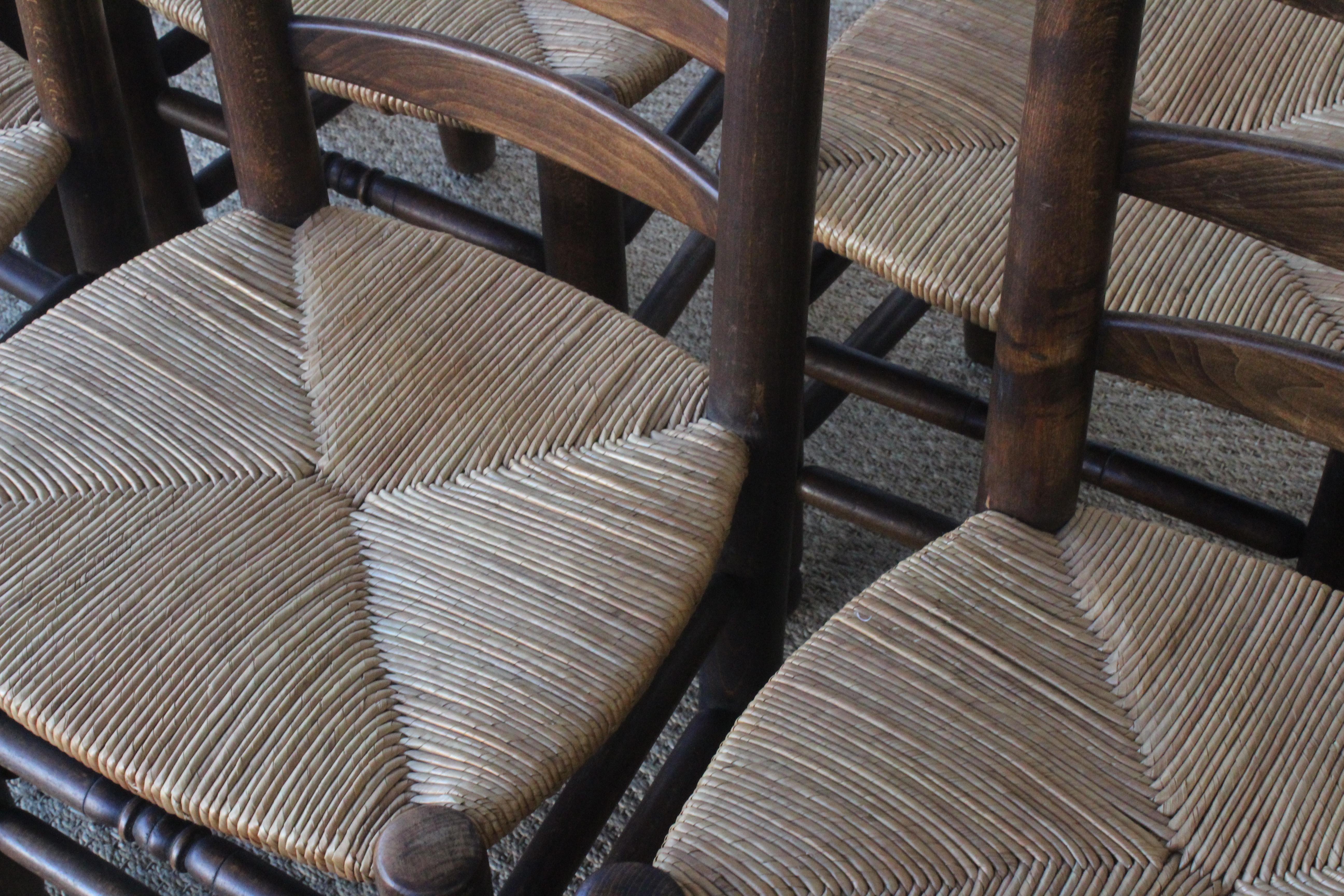 Set of Eight Vintage Oak and Rush Dining Chairs, France, 1960s 12