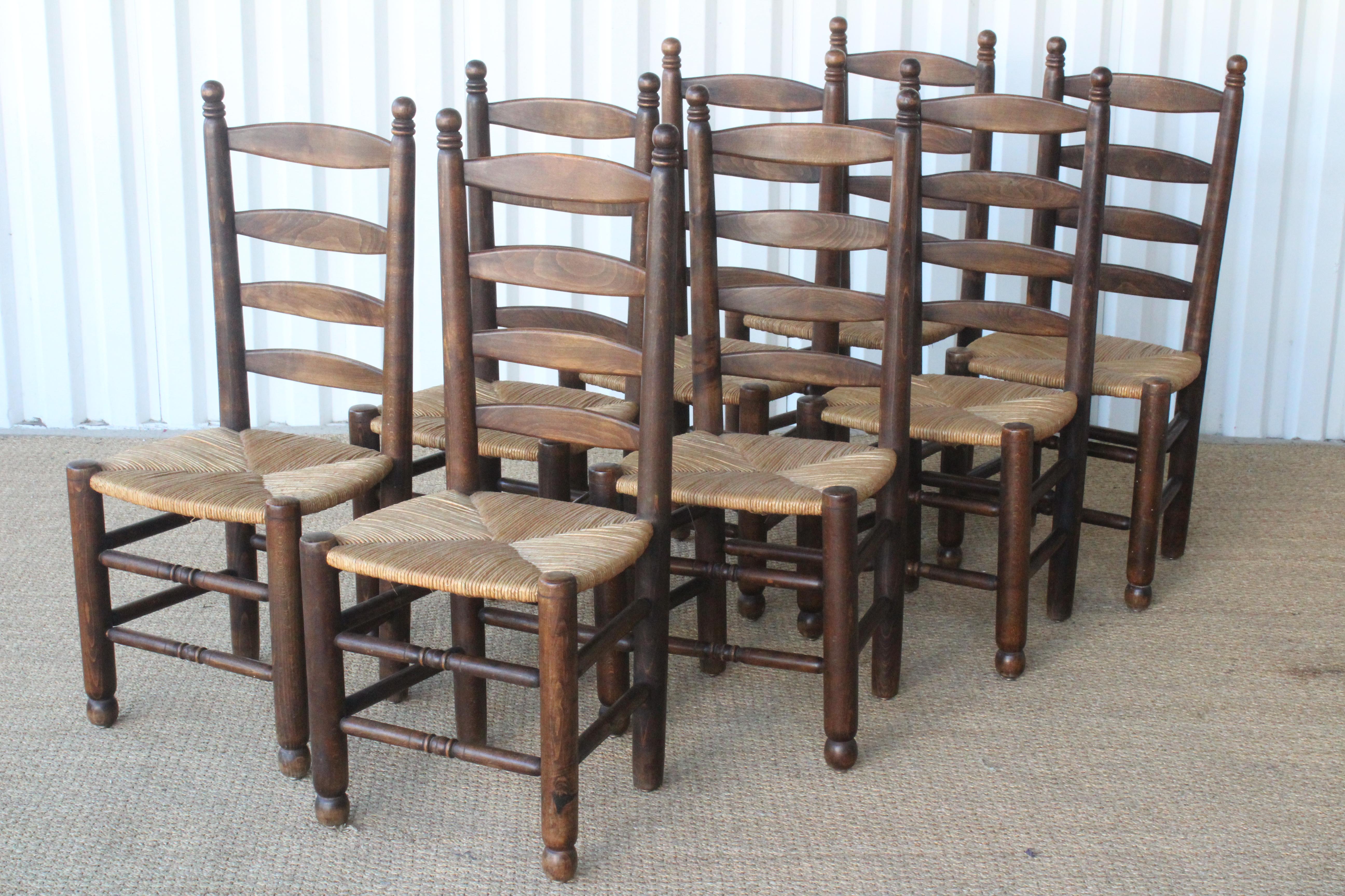 Rustic Set of Eight Vintage Oak and Rush Dining Chairs, France, 1960s