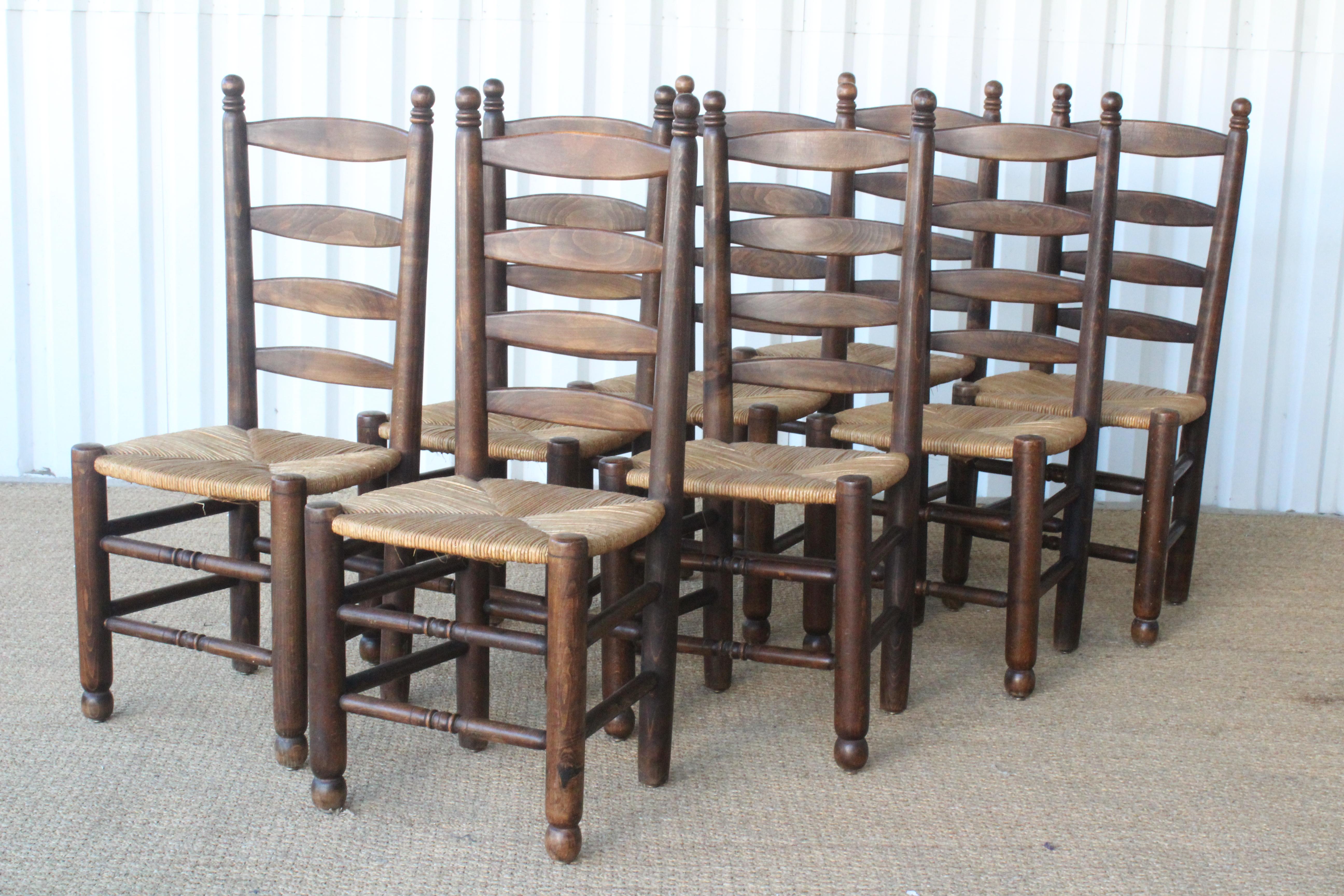French Set of Eight Vintage Oak and Rush Dining Chairs, France, 1960s