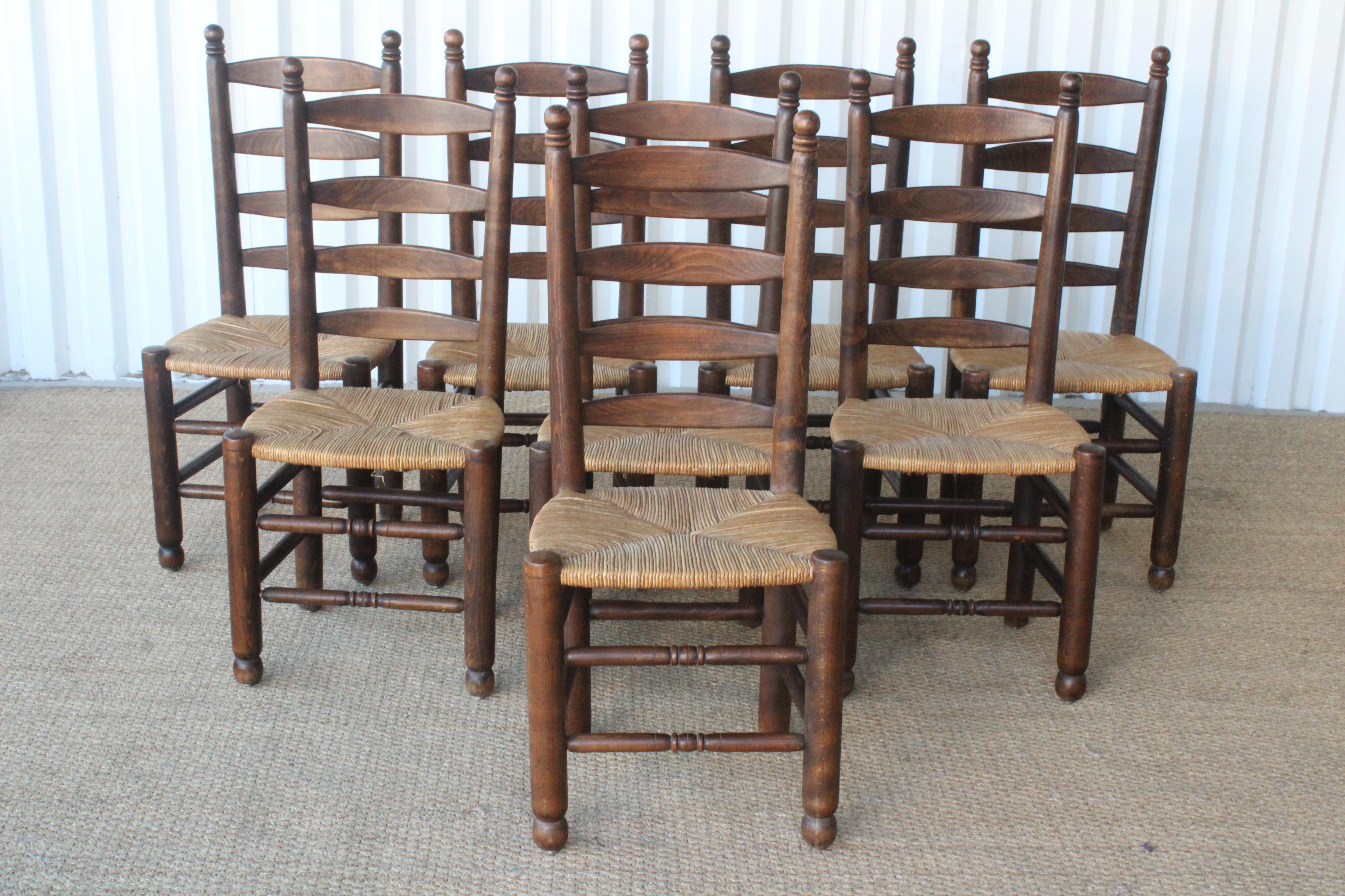 Hand-Woven Set of Eight Vintage Oak and Rush Dining Chairs, France, 1960s