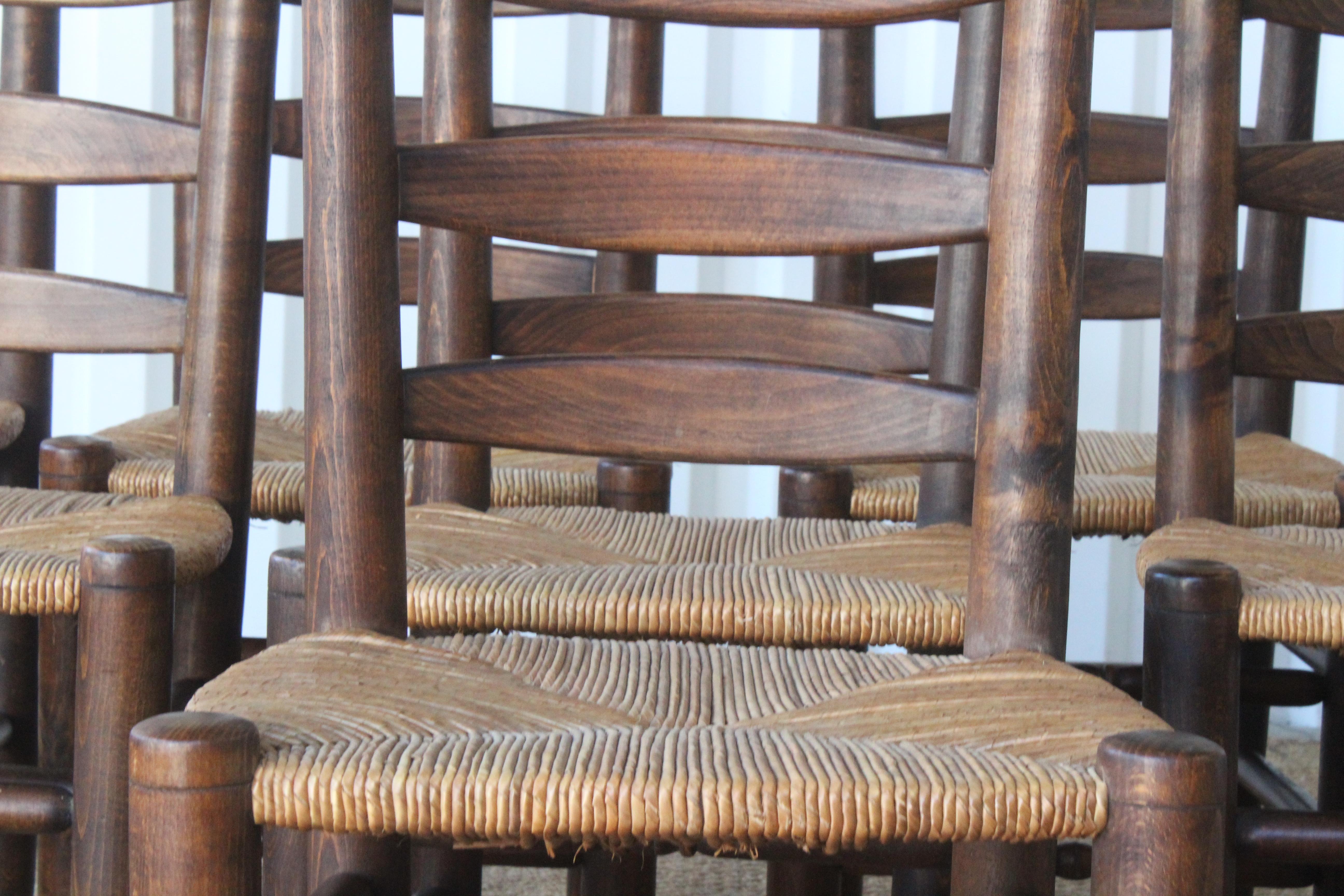 Set of Eight Vintage Oak and Rush Dining Chairs, France, 1960s 1
