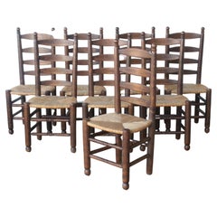 Set of Eight Vintage Oak and Rush Dining Chairs, France, 1960s