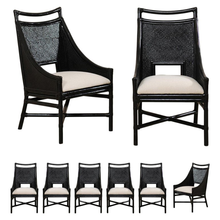 Set Of Eight Vintage Painted Bamboo And Cane Chairs With Newly