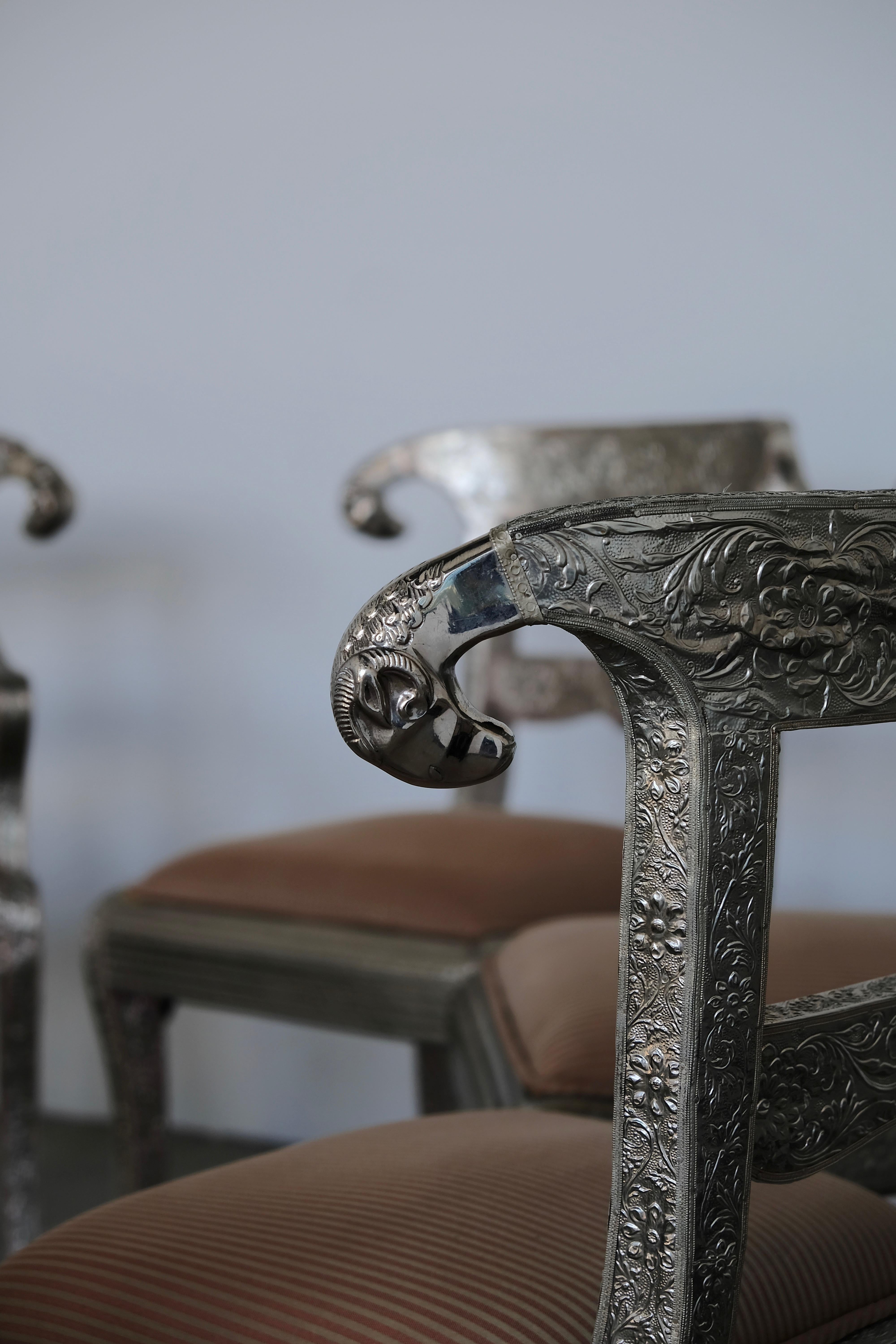 Set of Eight Vintage Rams Head Anglo-Indian Embossed Silver Metal Dining Chairs 3
