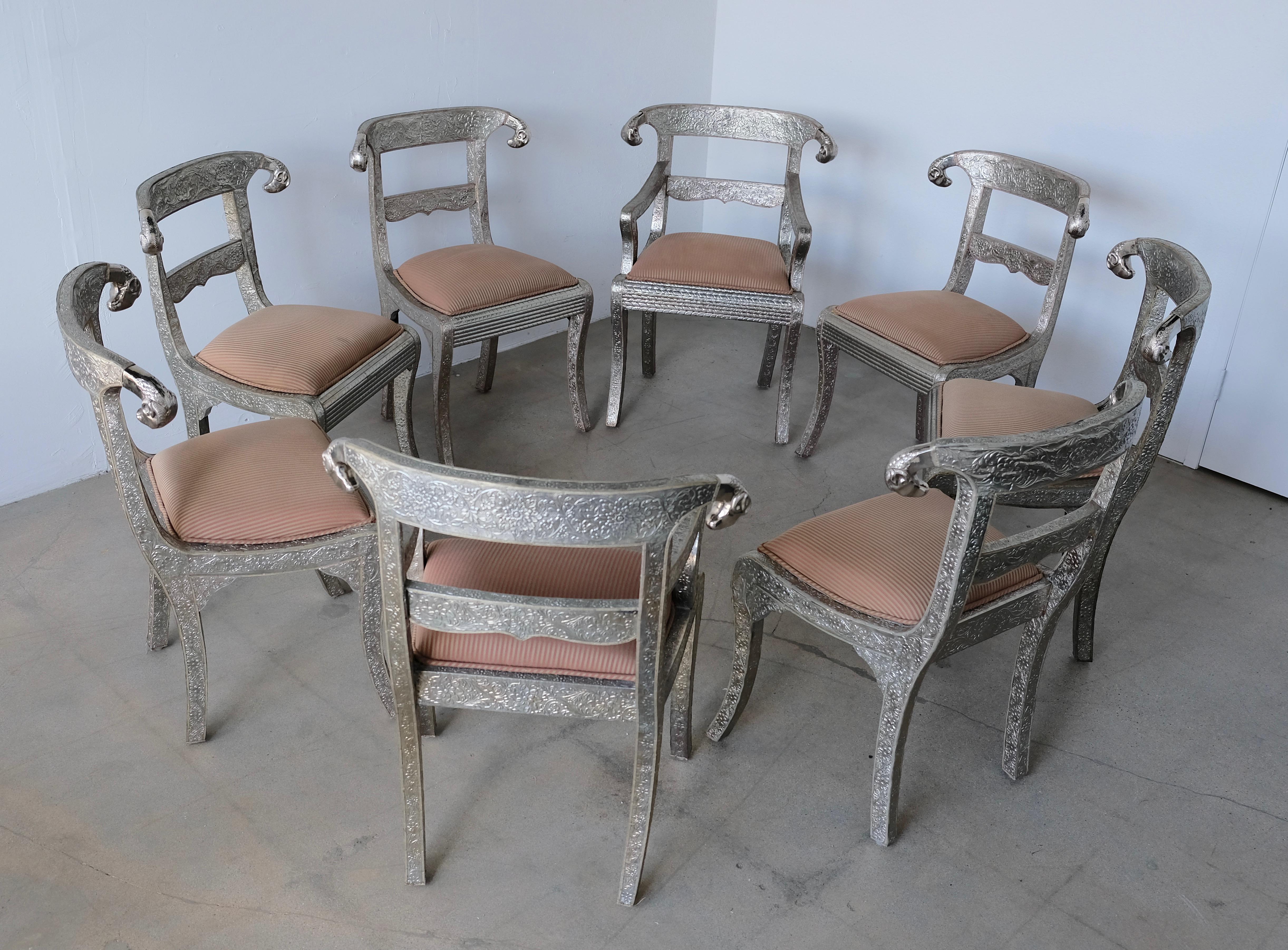 Set of Eight Vintage Rams Head Anglo-Indian Embossed Silver Metal Dining Chairs 11
