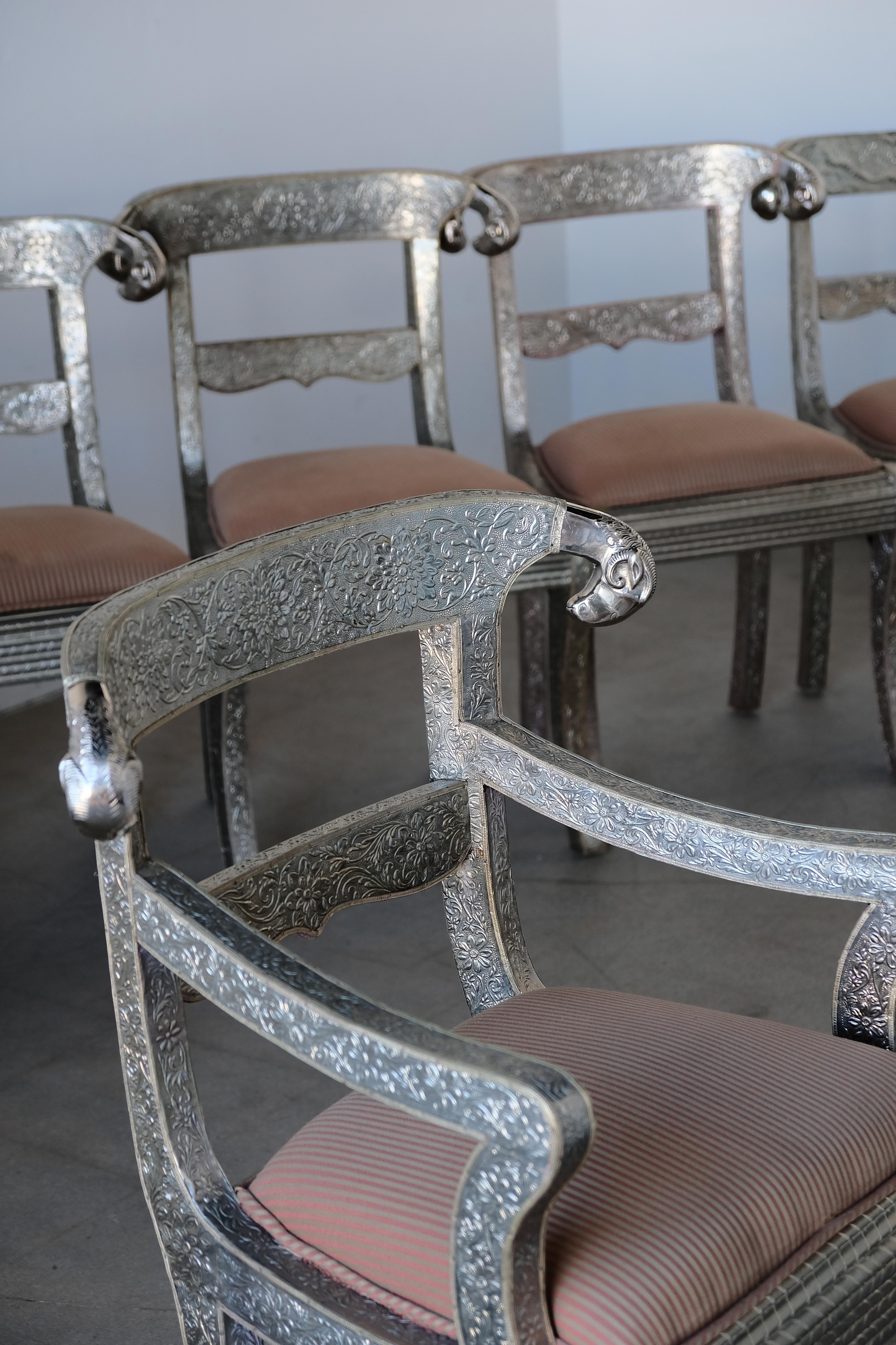 Repoussé Set of Eight Vintage Rams Head Anglo-Indian Embossed Silver Metal Dining Chairs