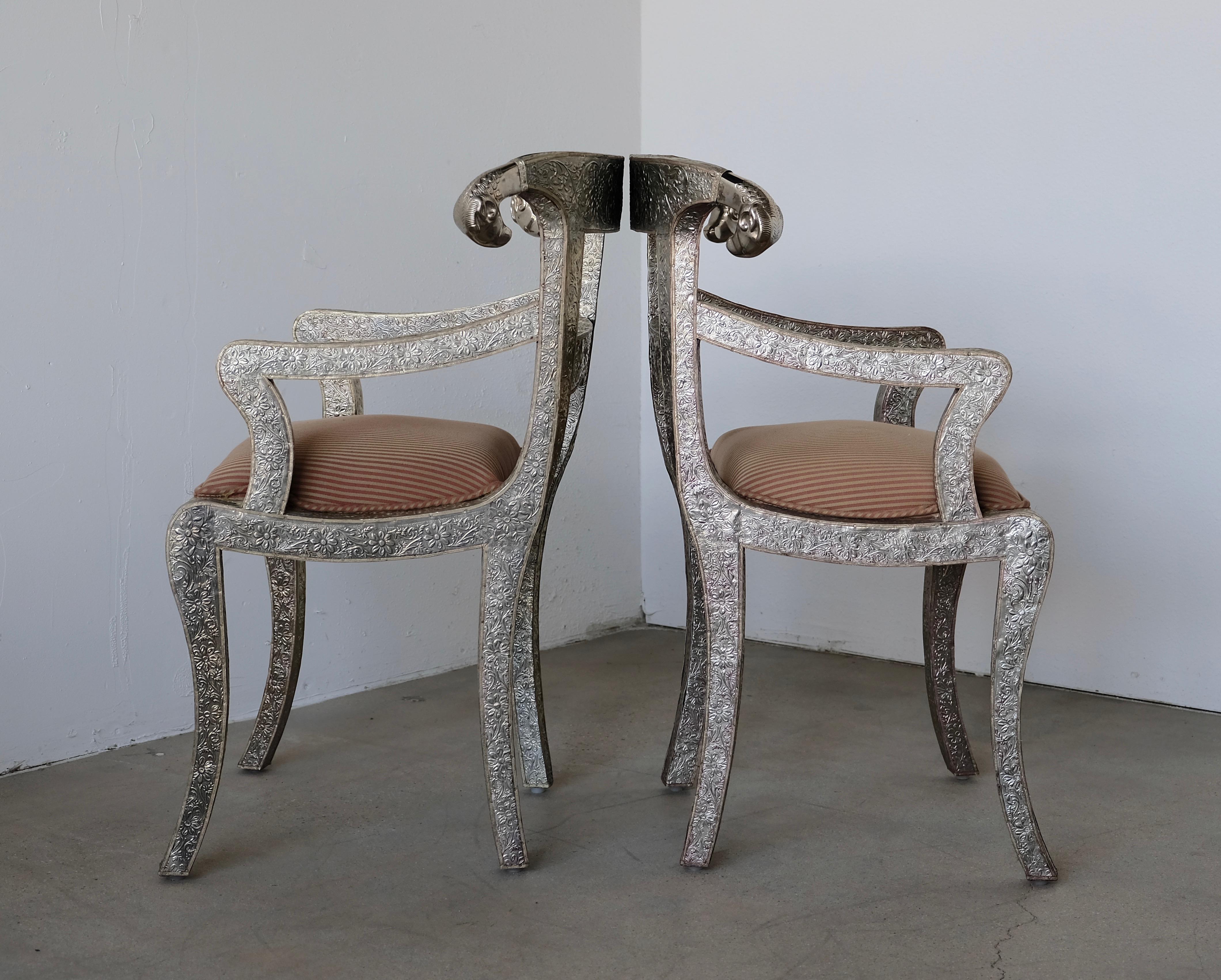 Set of Eight Vintage Rams Head Anglo-Indian Embossed Silver Metal Dining Chairs In Good Condition In Palm Springs, CA