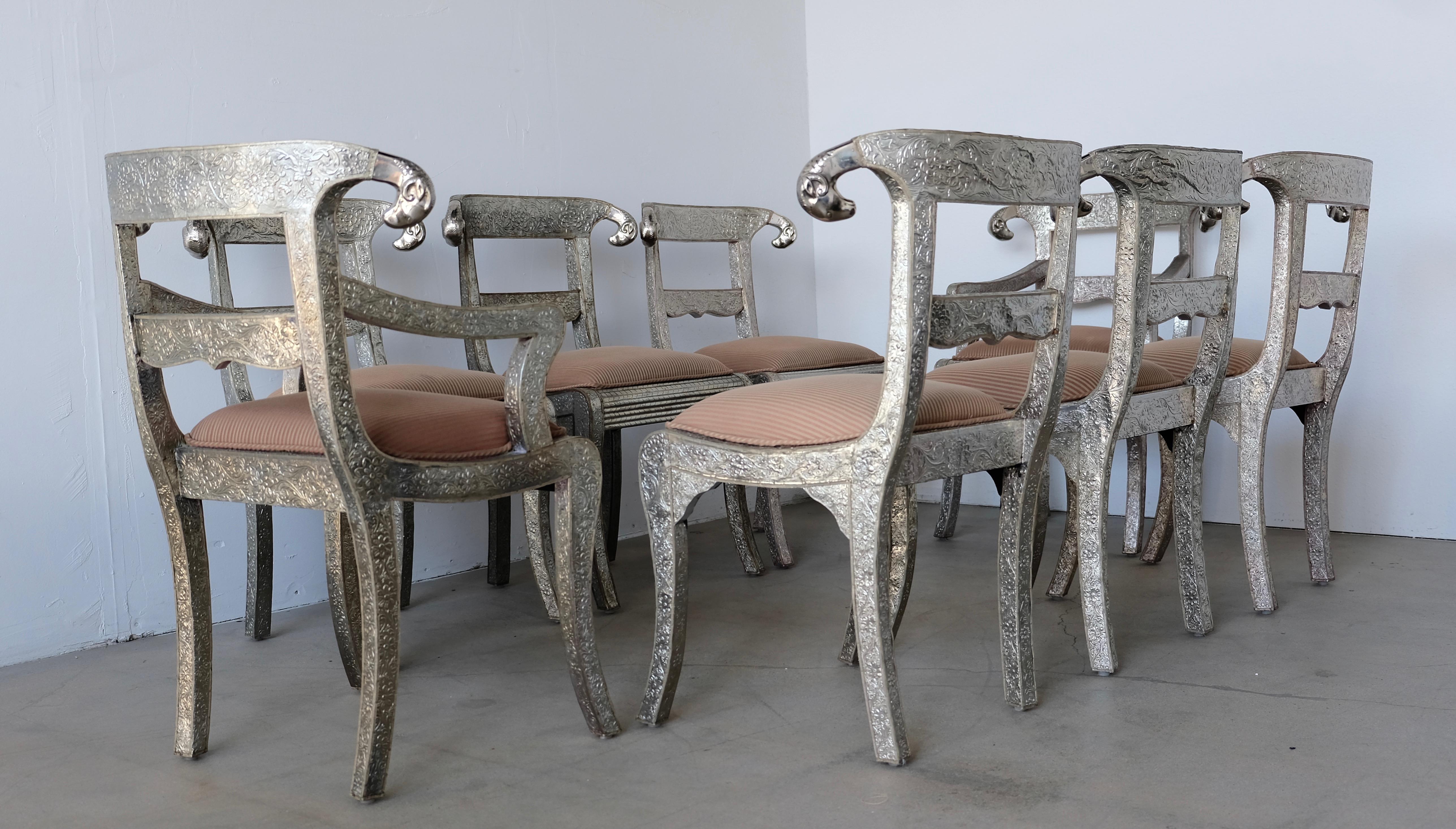 20th Century Set of Eight Vintage Rams Head Anglo-Indian Embossed Silver Metal Dining Chairs