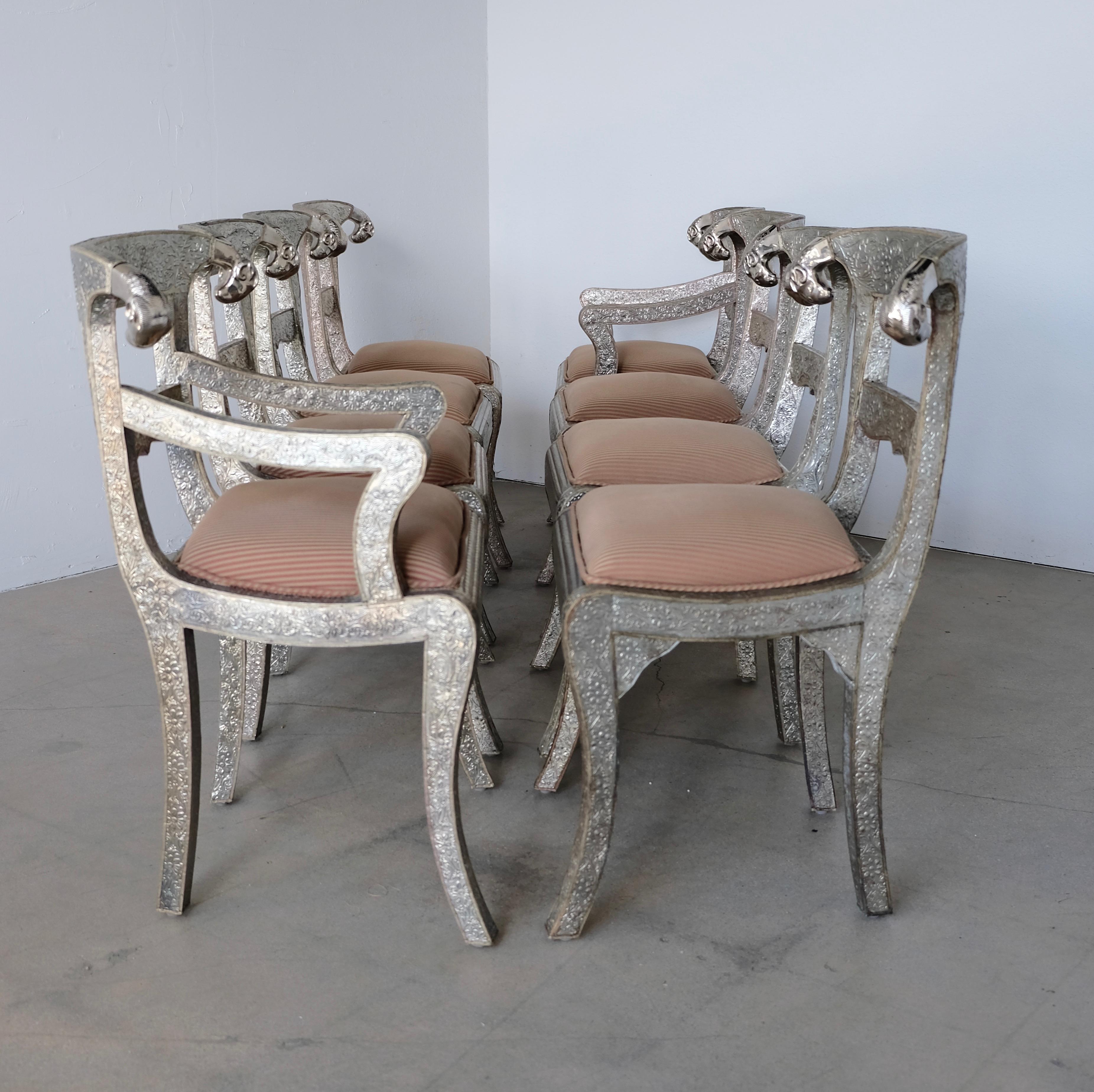 Upholstery Set of Eight Vintage Rams Head Anglo-Indian Embossed Silver Metal Dining Chairs