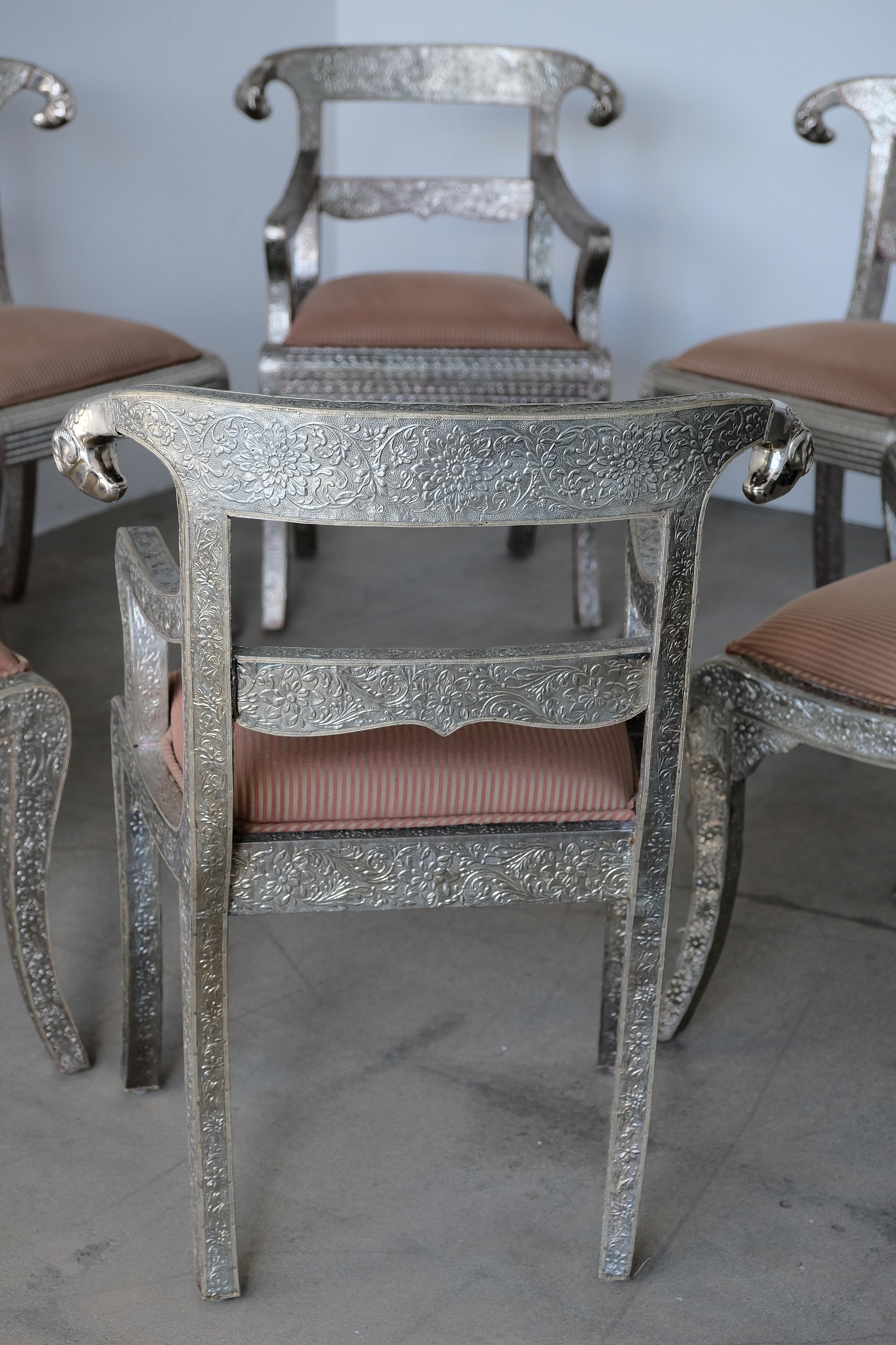 Set of Eight Vintage Rams Head Anglo-Indian Embossed Silver Metal Dining Chairs 2