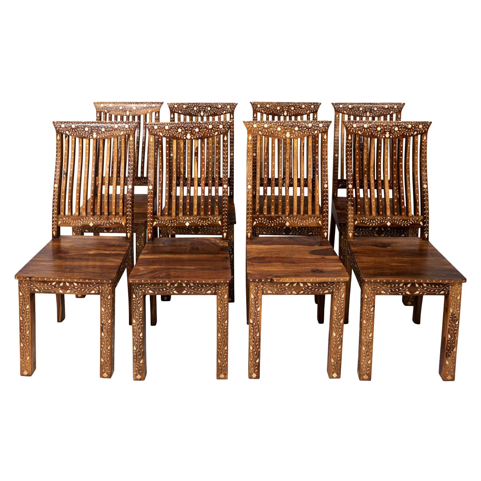 Set of Eight Walnut and Bone Inlaid Dining Room Chairs For Sale