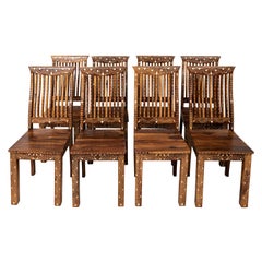 Set of Eight Walnut and Bone Inlaid Dining Room Chairs