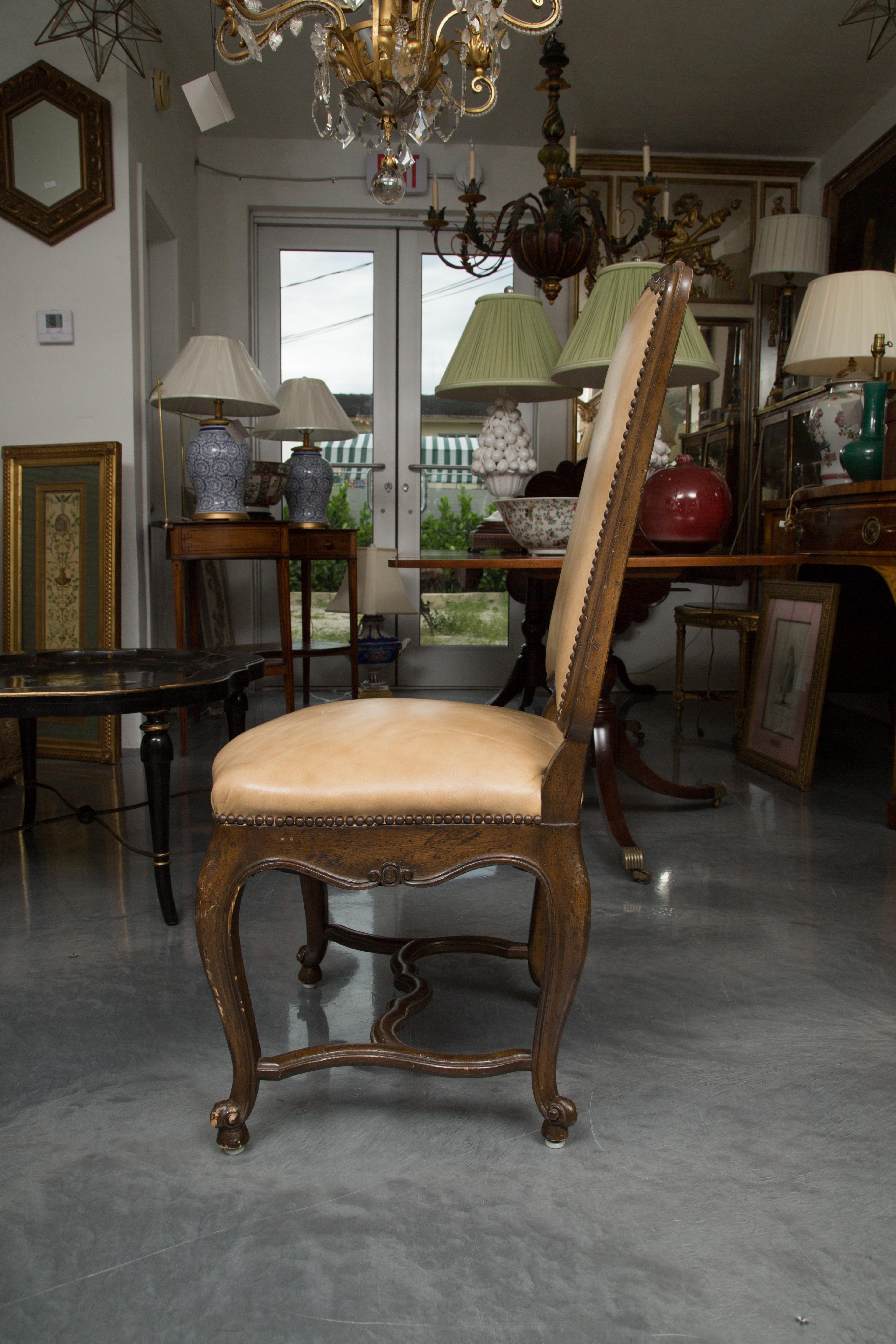 Stained Set of Eight Walnut French Louis XV Style Upholstered Dining Side Chairs